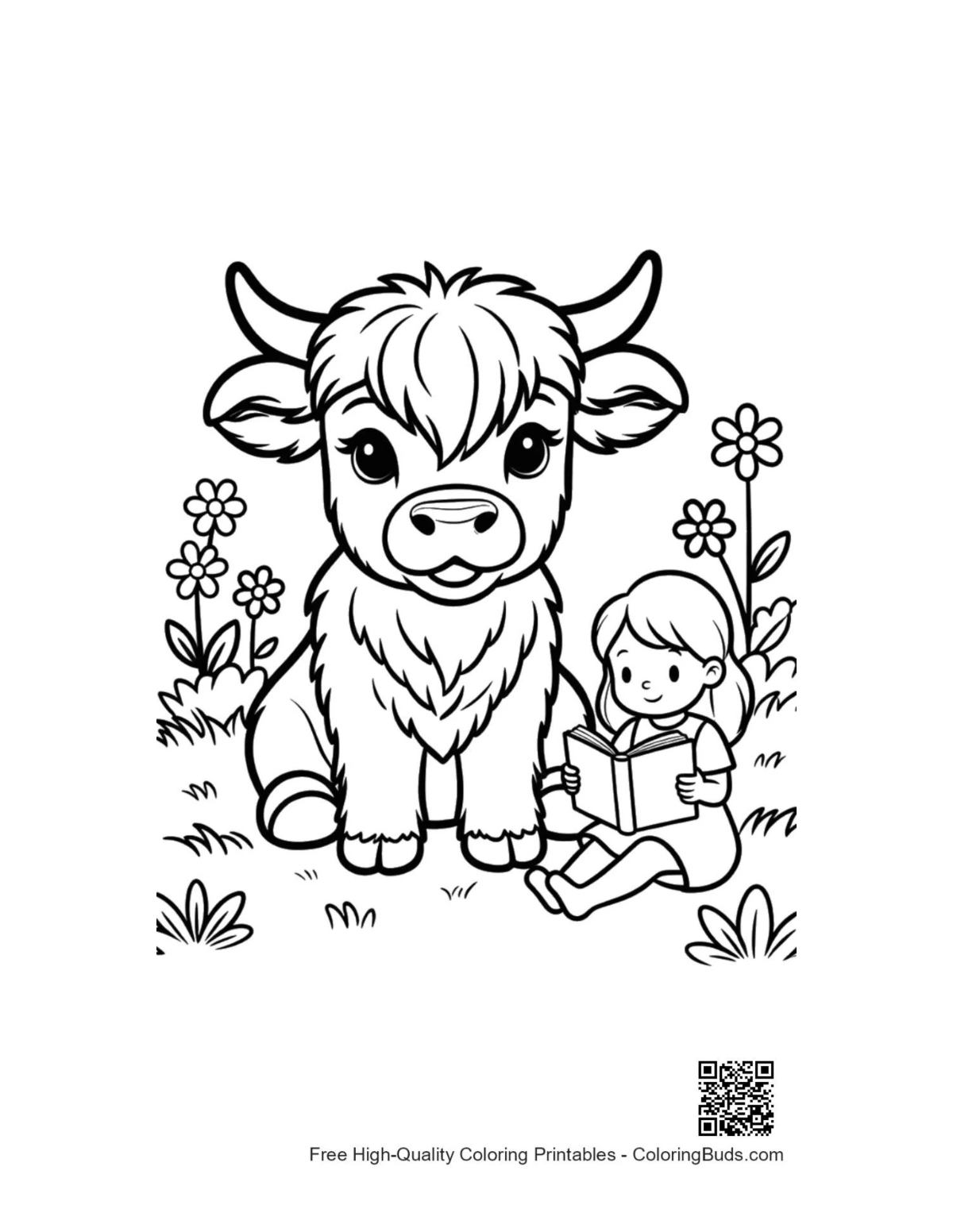Cute Highland cow calf playing with child coloring page