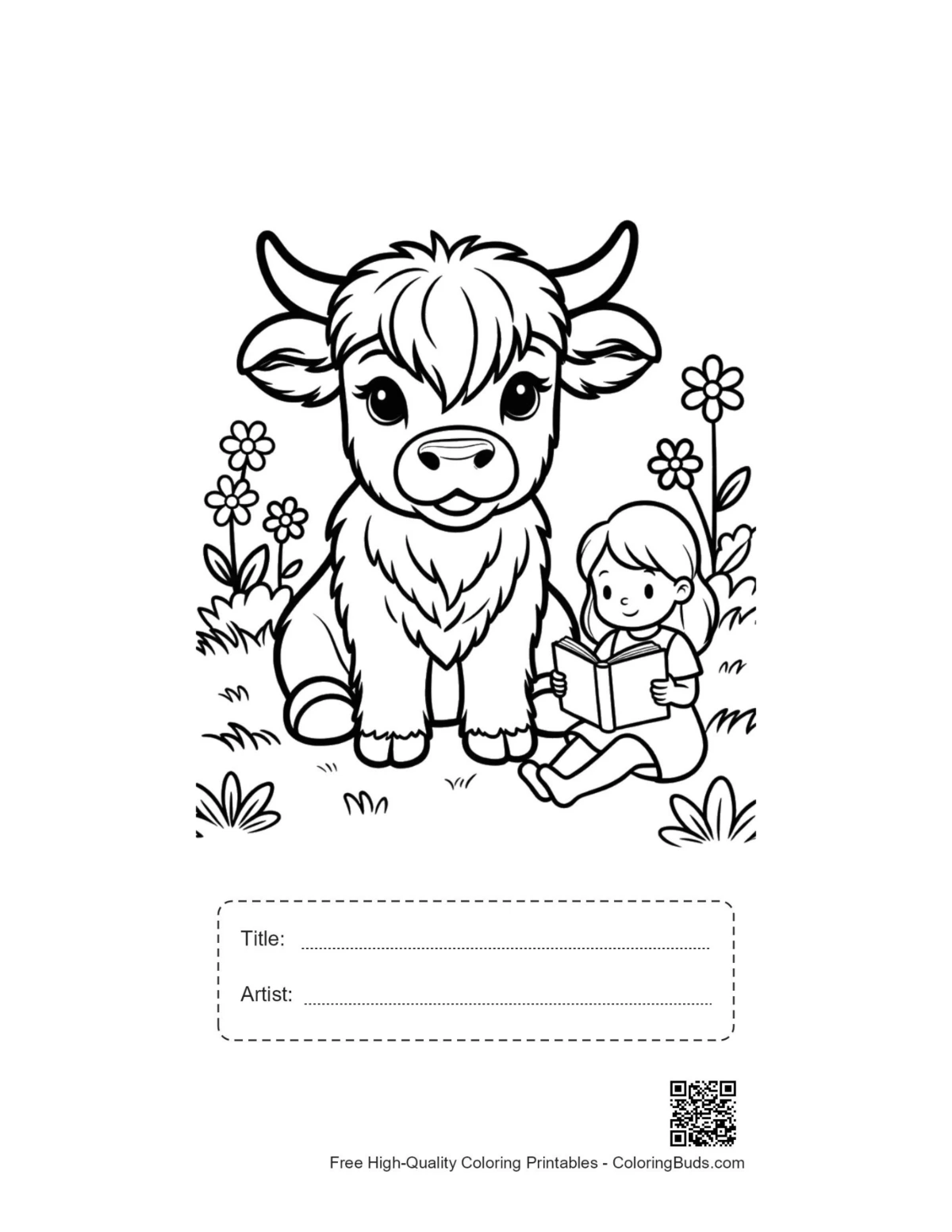 Highland cow calf and child printable with title box