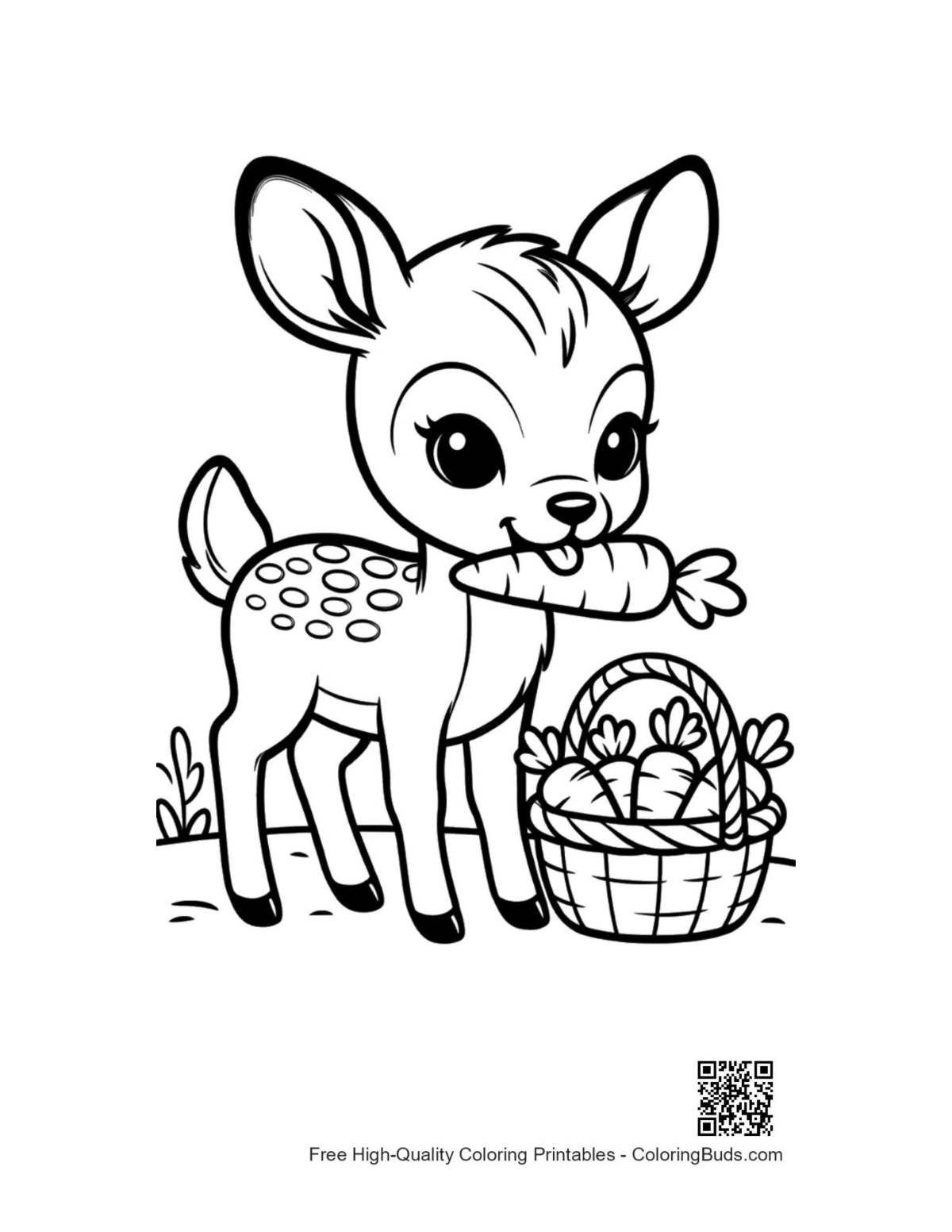 Cute fawn holding treats basket printable coloring page