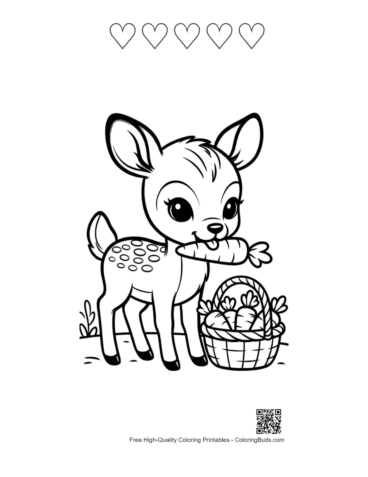 Fawn with treats basket and 5 heart outlines coloring page