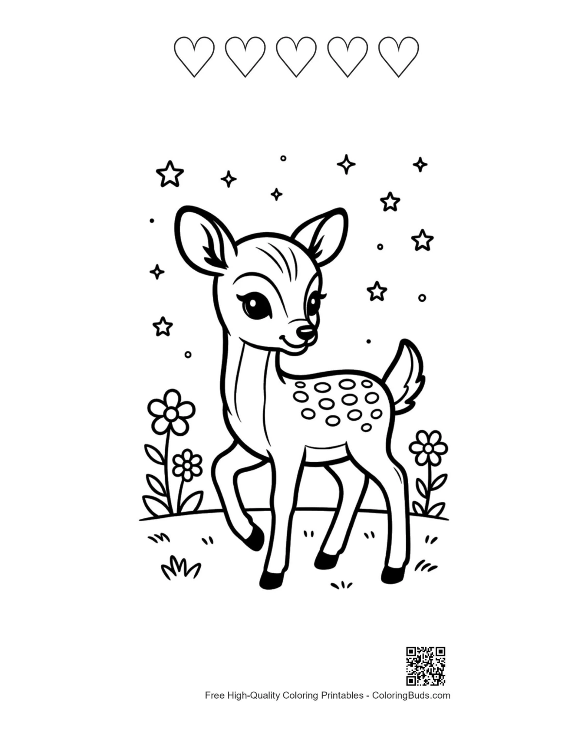 Spotted fawn with 5 heart outlines printable