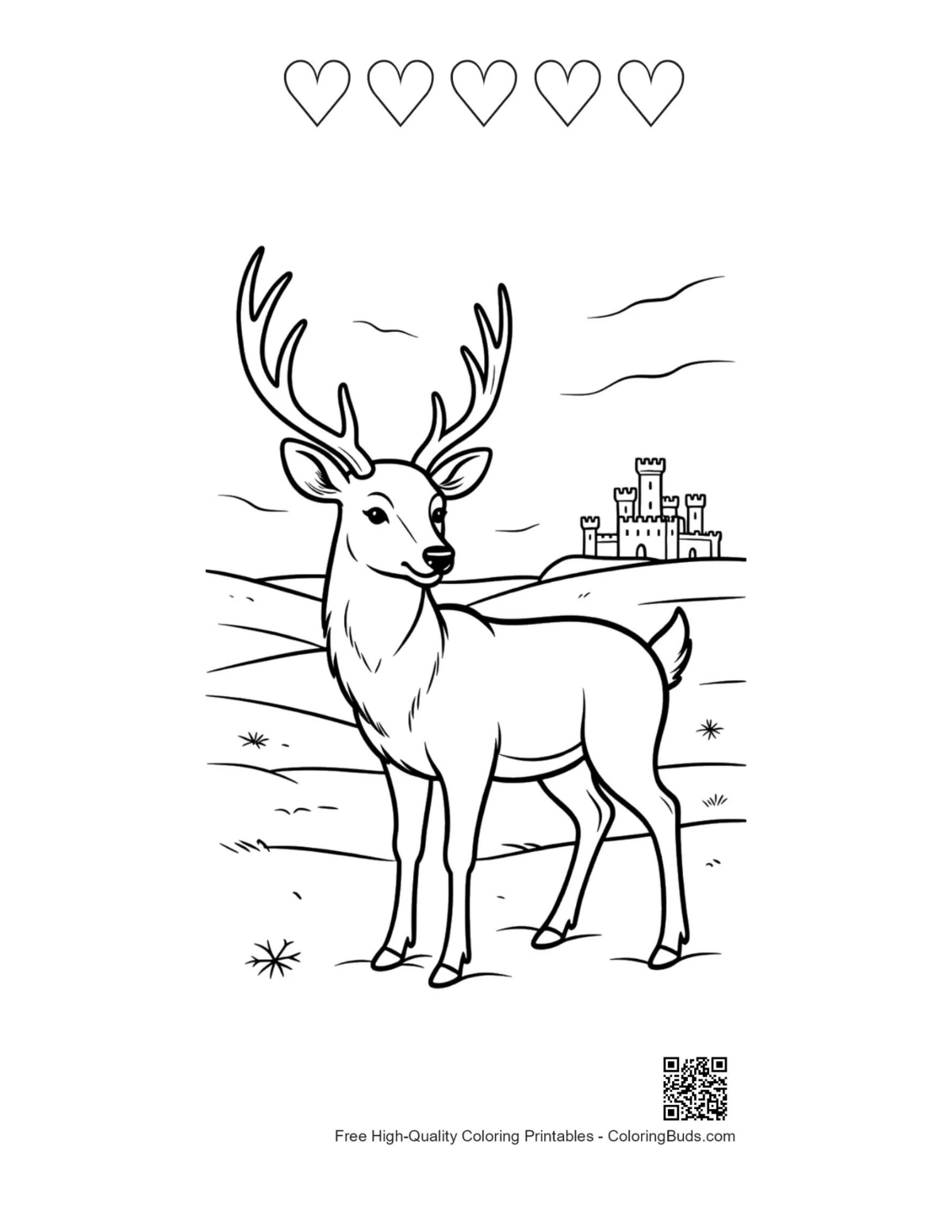 Buck antlers coloring with 5 heart outlines