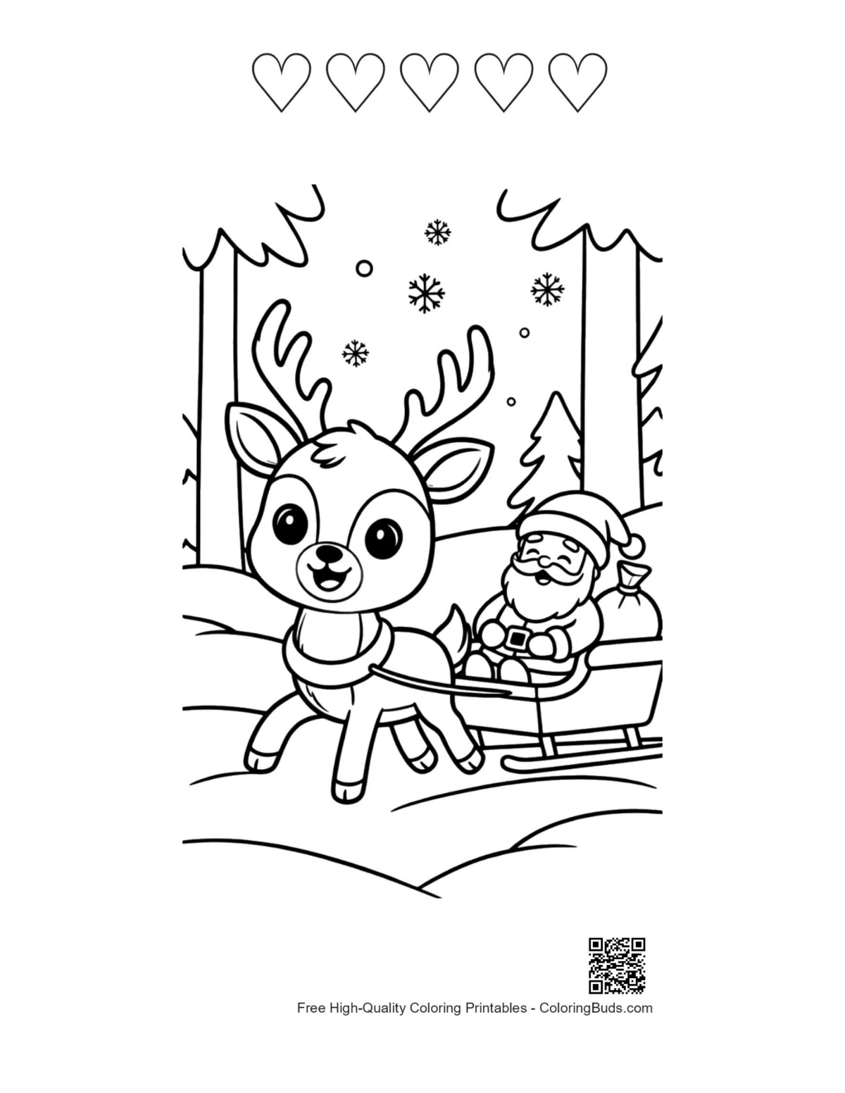 Buck antlers sled with 5 heart outlines coloring