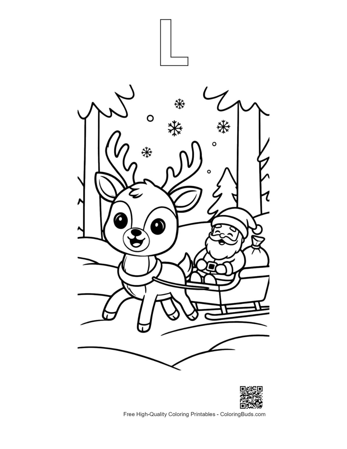 Buck antlers sled outline alphabet L coloring page