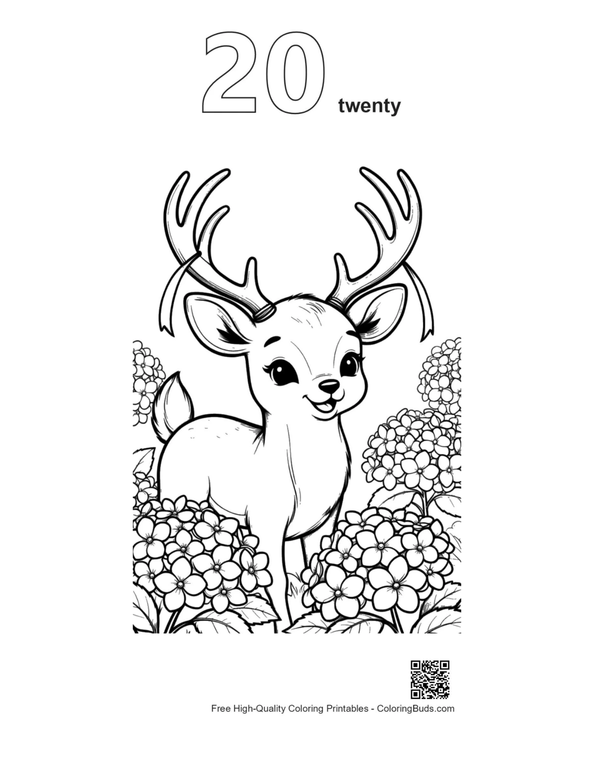 Buck antlers garden flowers outline number 20 printable