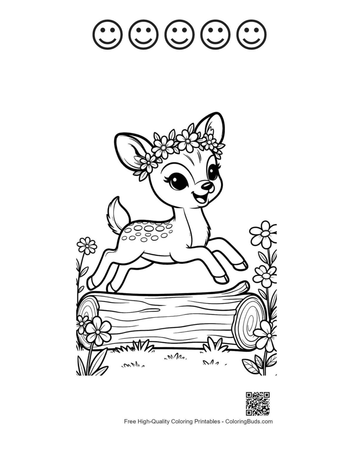 Fawn over log with 5 happy faces outline coloring page