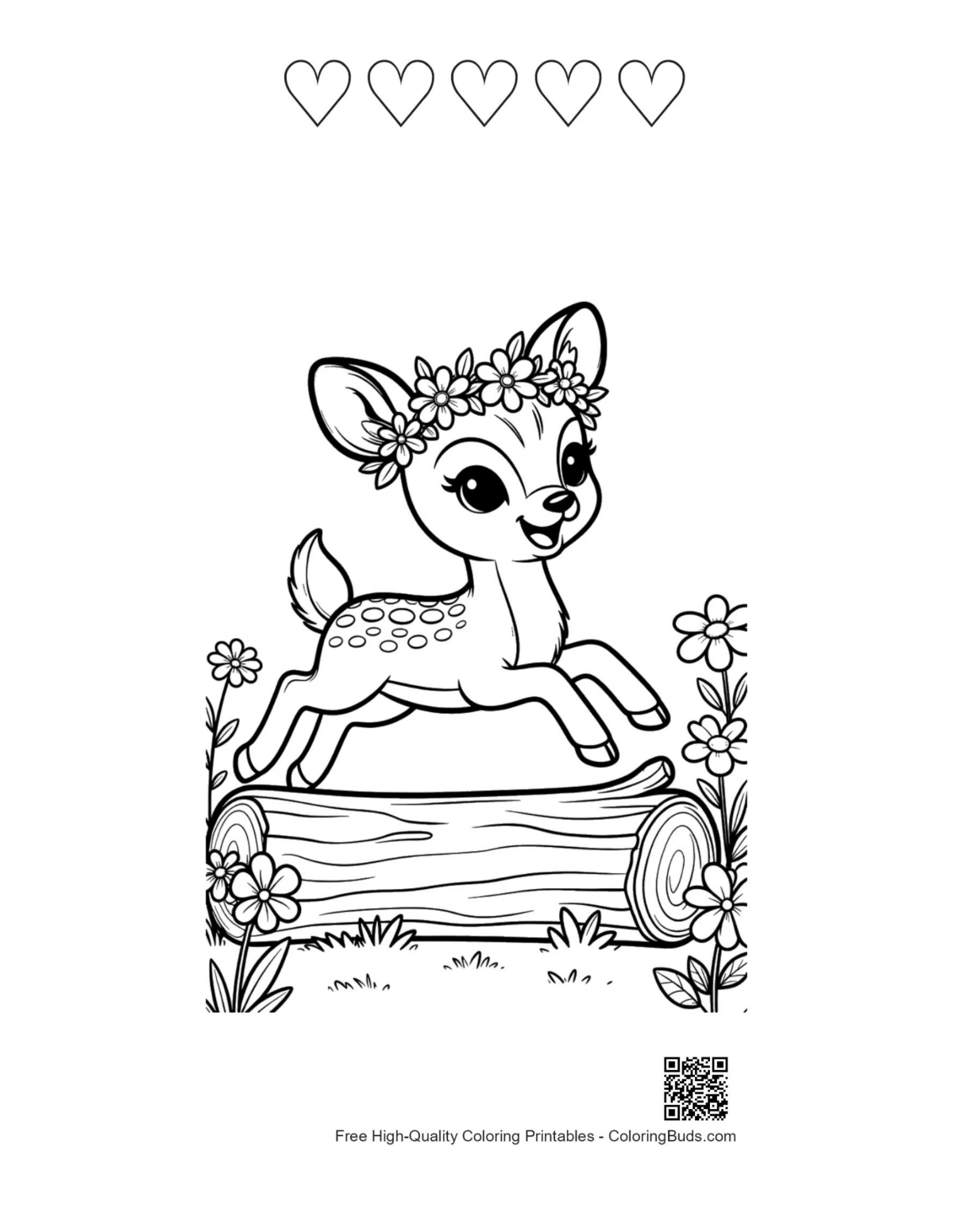 Cute fawn jumping log with 5 heart outlines printable
