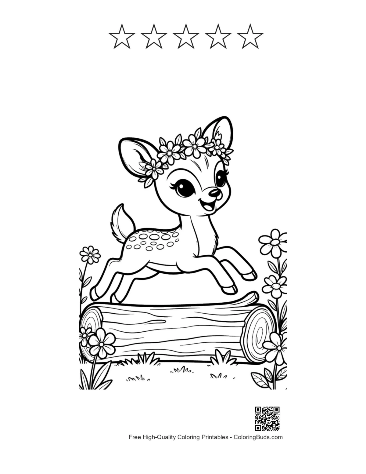 Cute fawn log jump with 5 star outlines printable