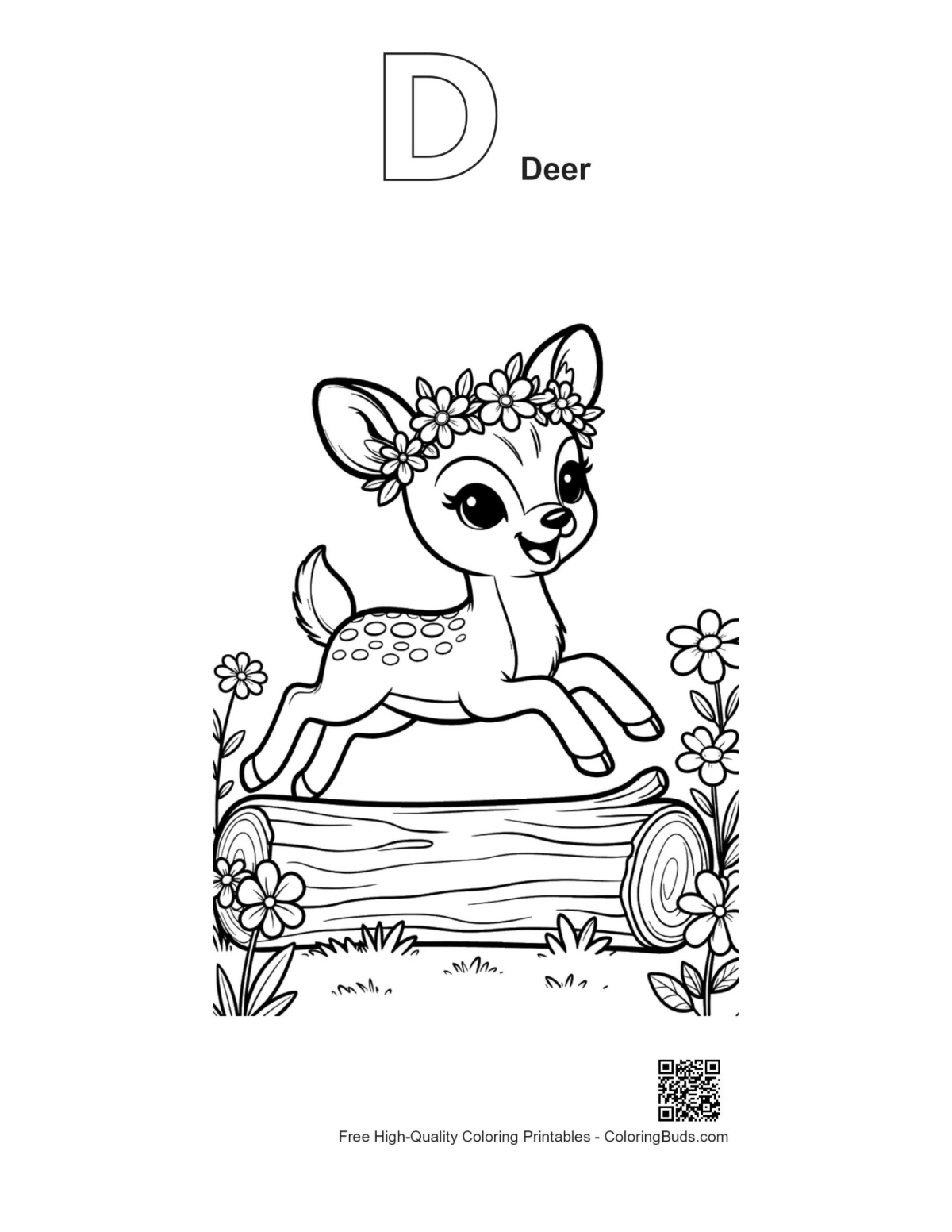 Fawn jumping log with alphabet D deer outline printable