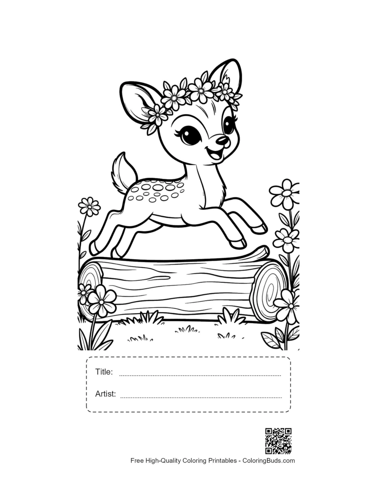 Cute fawn over log printable with title artist box