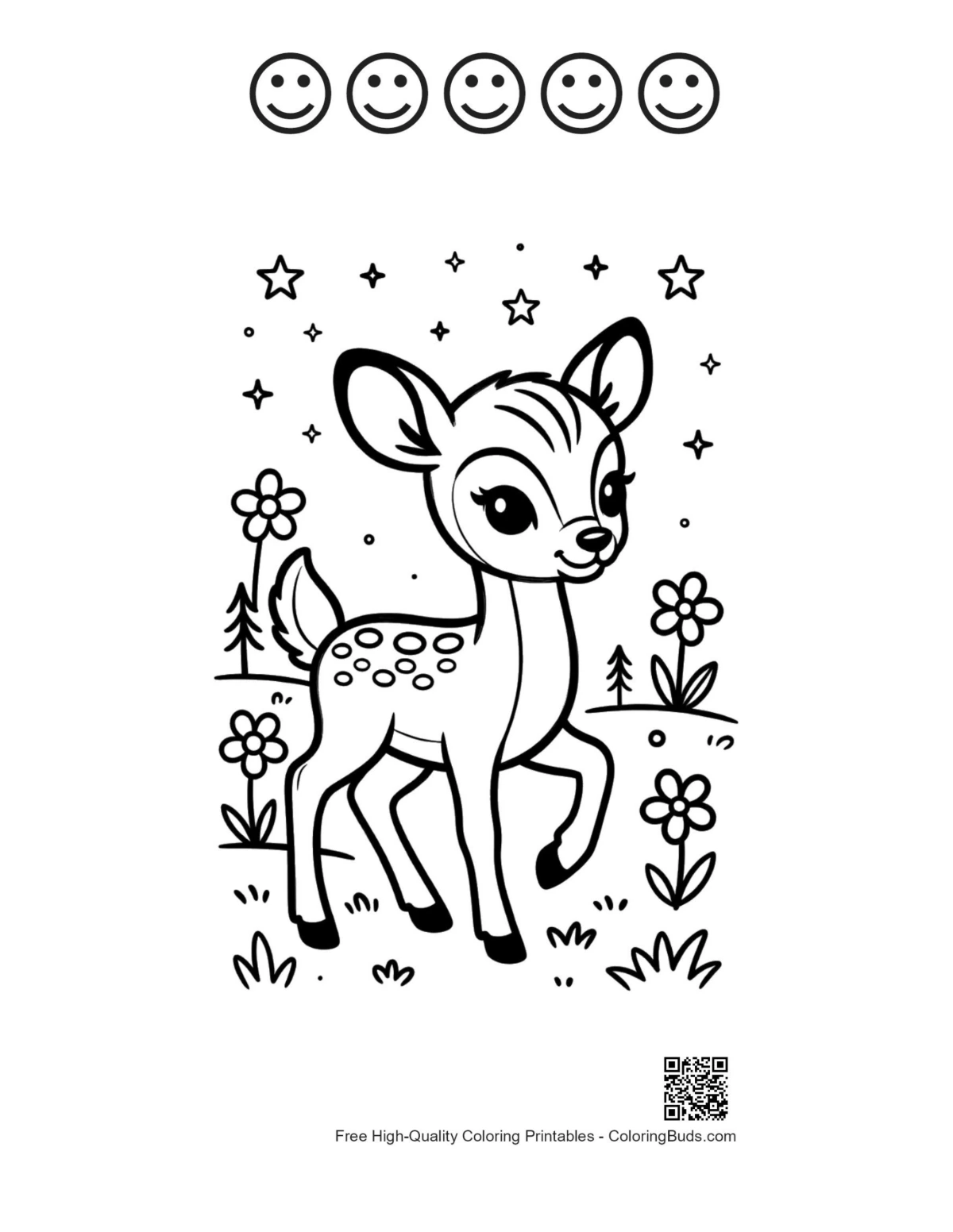Fawn flowers printable 5 happy faces outline