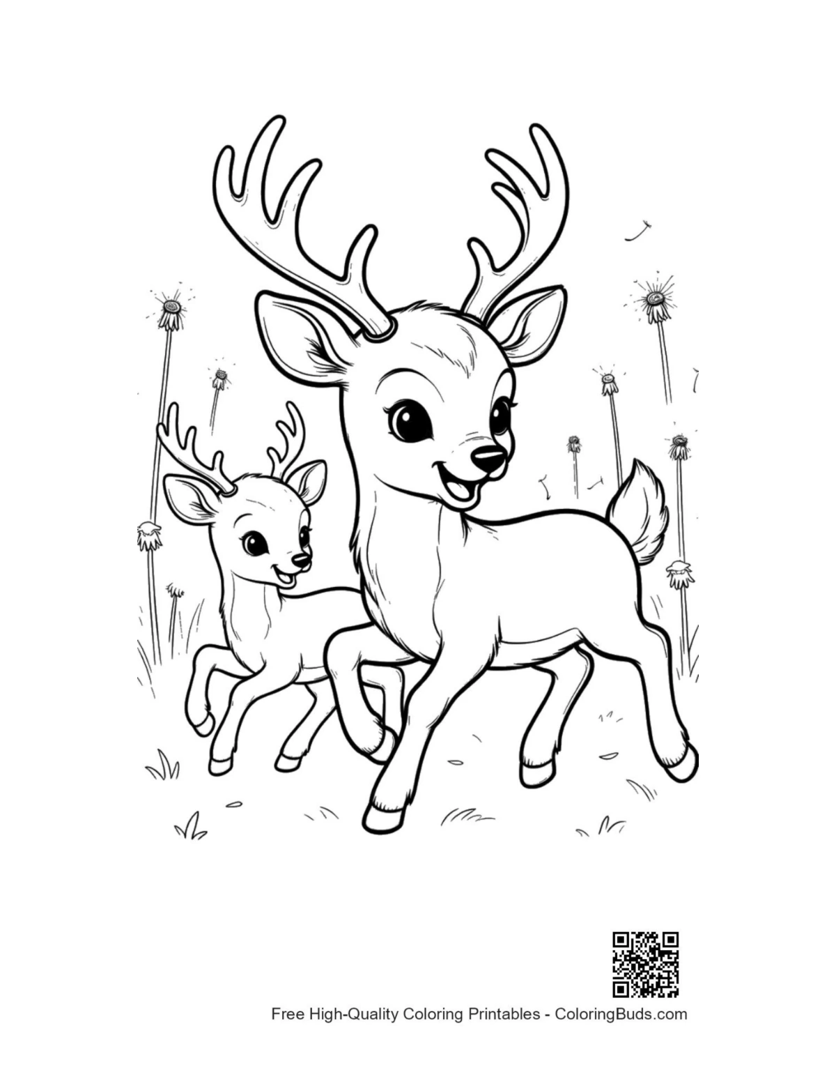 Deer family buck with antlers fawn coloring printable