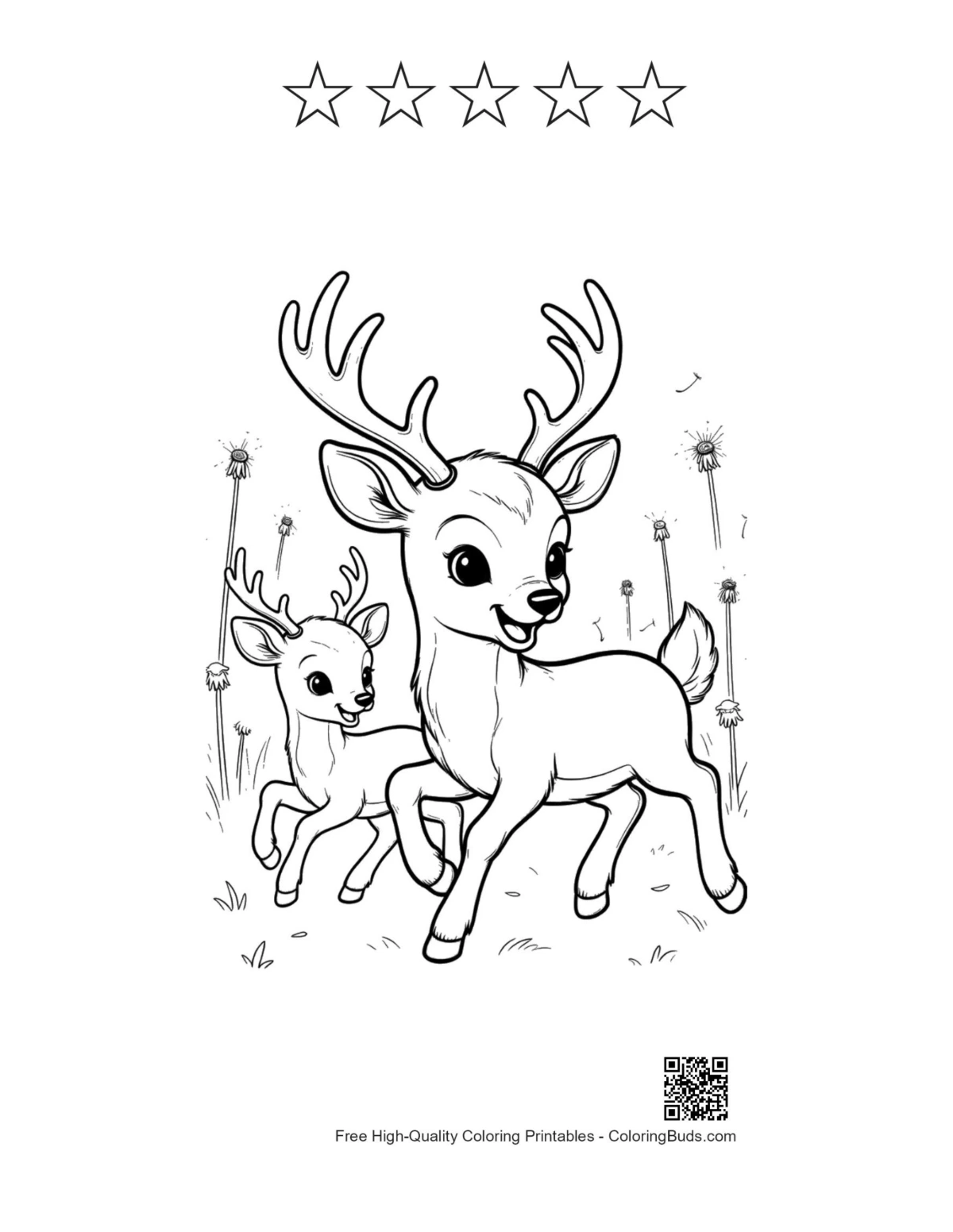 Buck antlers deer family fawn with 5 stars outline printable