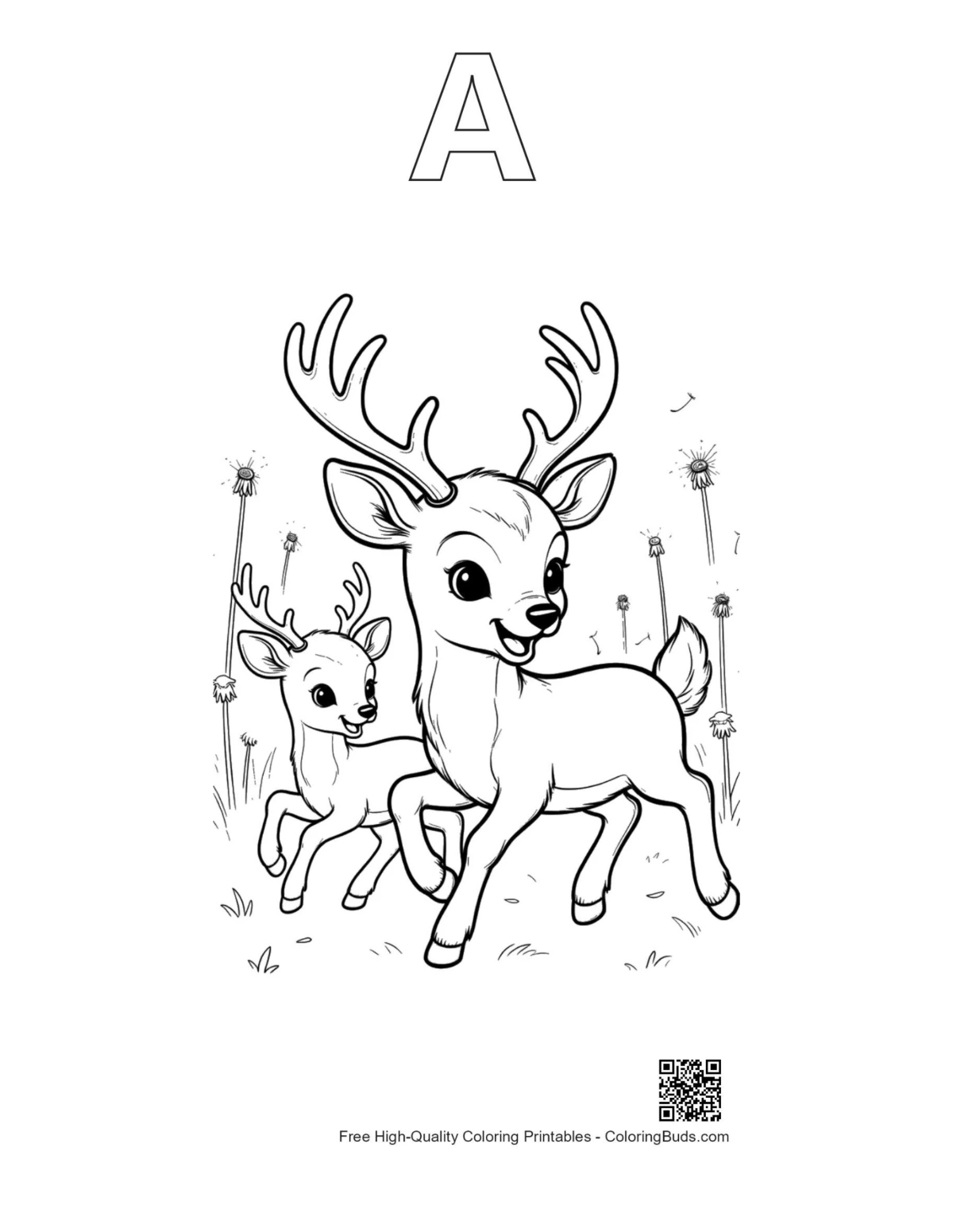 Deer family buck antlers fawn alphabet A outline printable