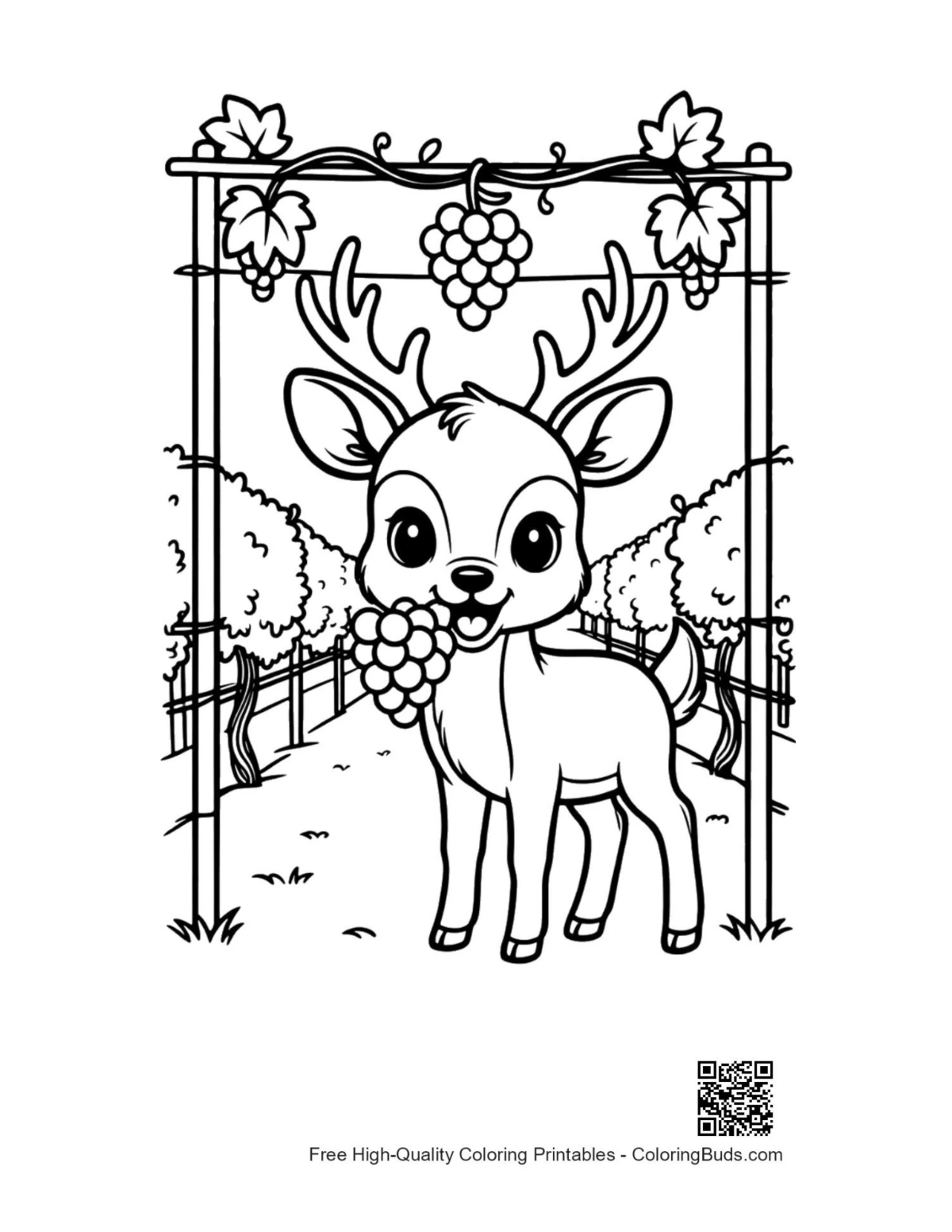 Buck with antlers eating grapes printable coloring page