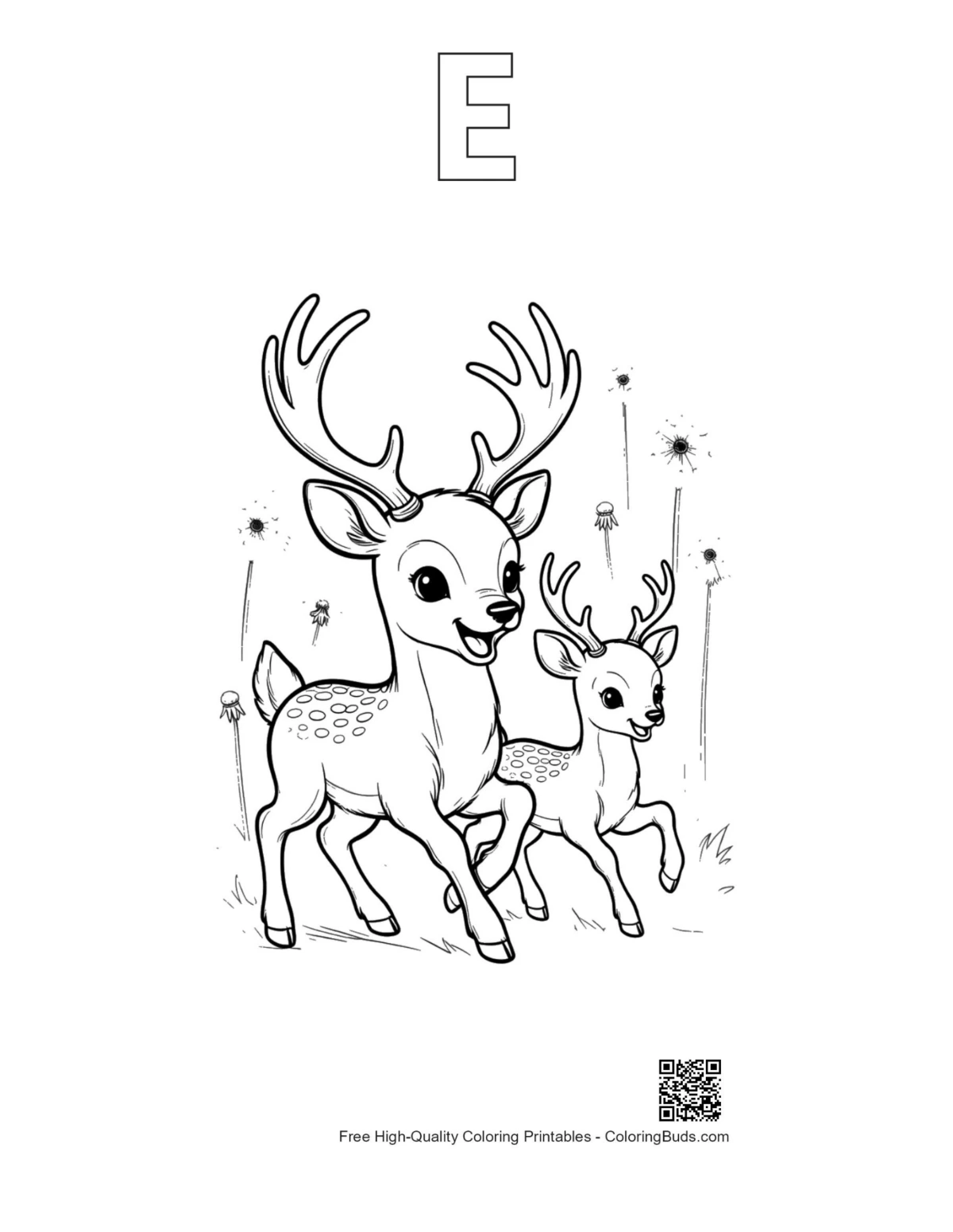 Buck antlers coloring page with alphabet E outline