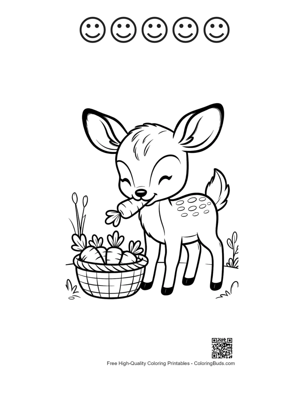 Cute fawn 5 happy faces outline coloring printable