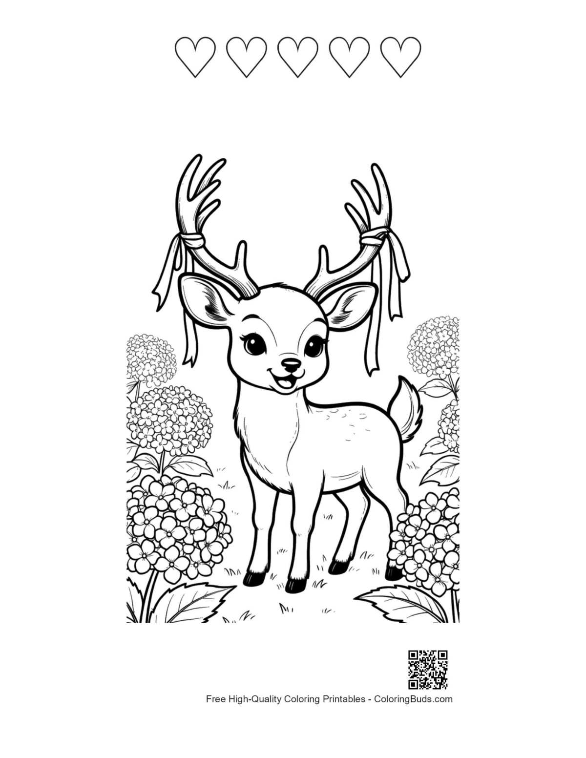 Graceful deer antlers meadow with 5 hearts printable