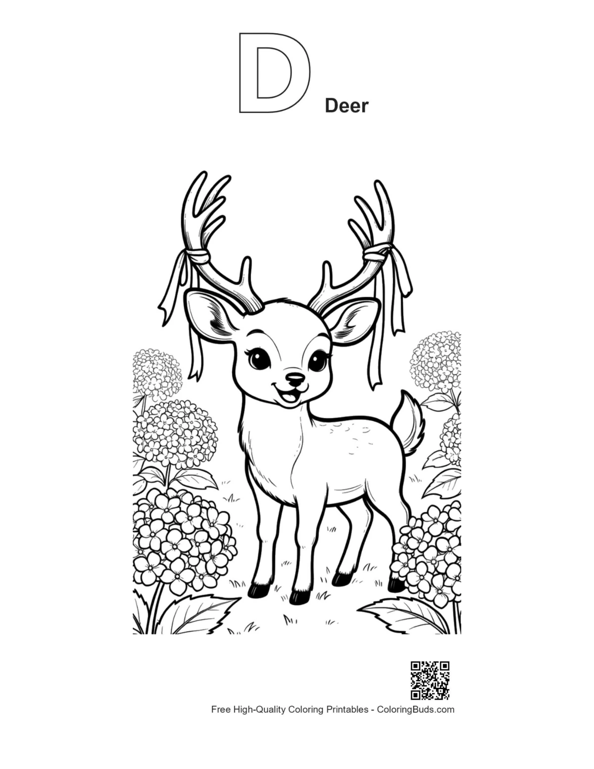 Buck antlers meadow outline with alphabet D deer printable