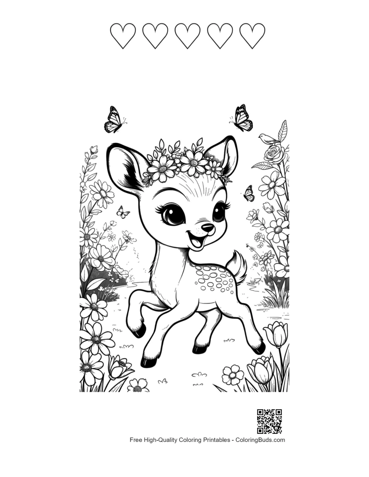 Happy fawn with 5 heart outline printable