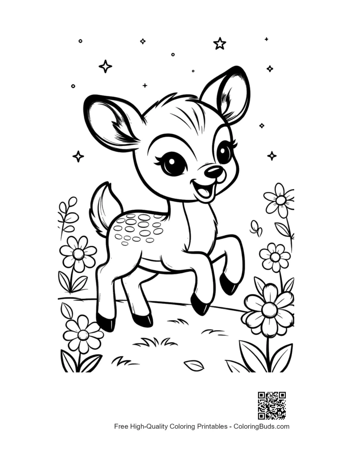 Cute fawn jumping in grassy field coloring page