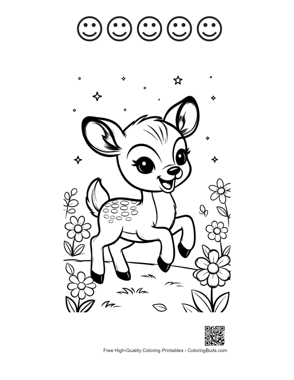 Cute fawn jumping with 5 happy face outlines