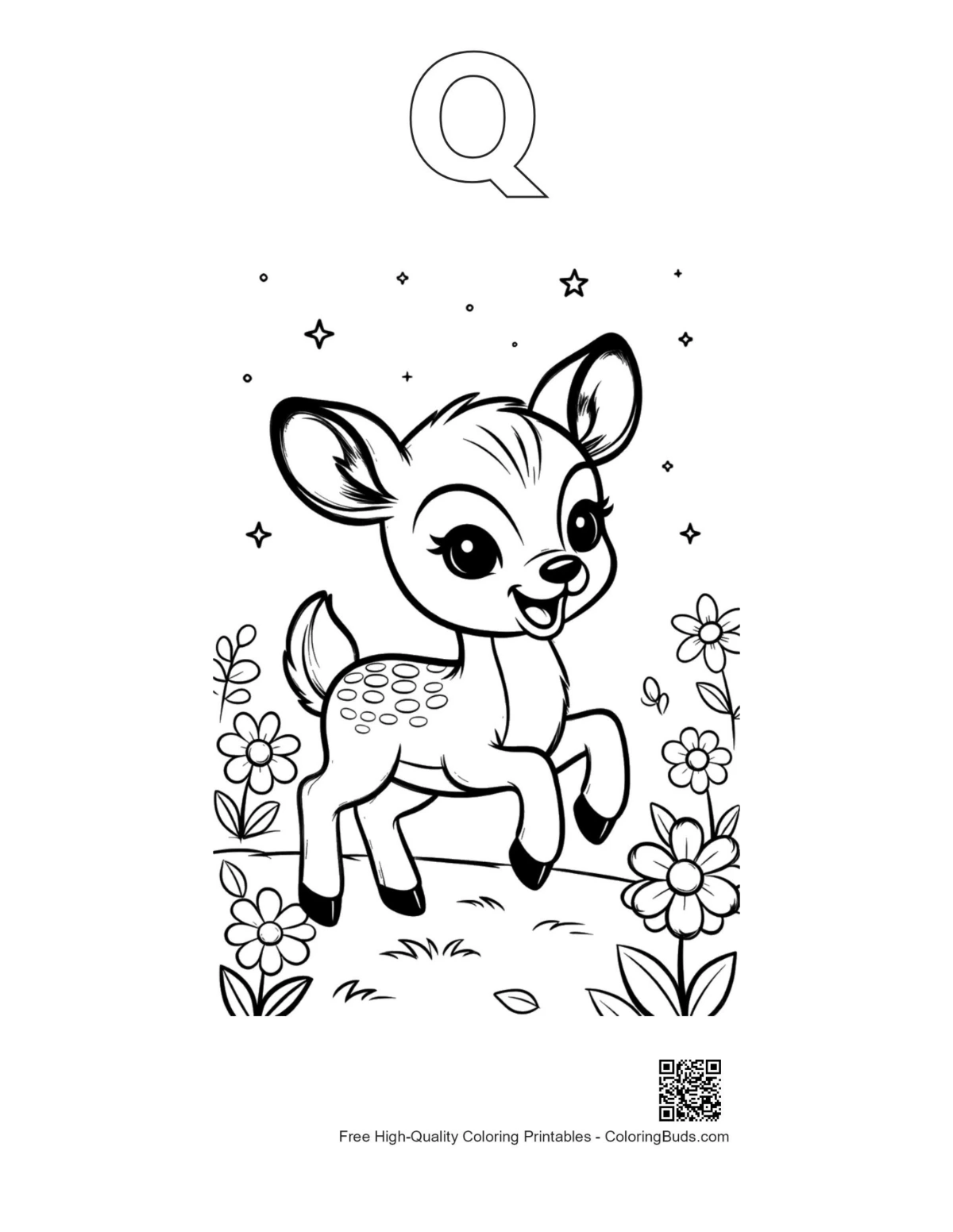 Fawn jumping printable outline with alphabet Q
