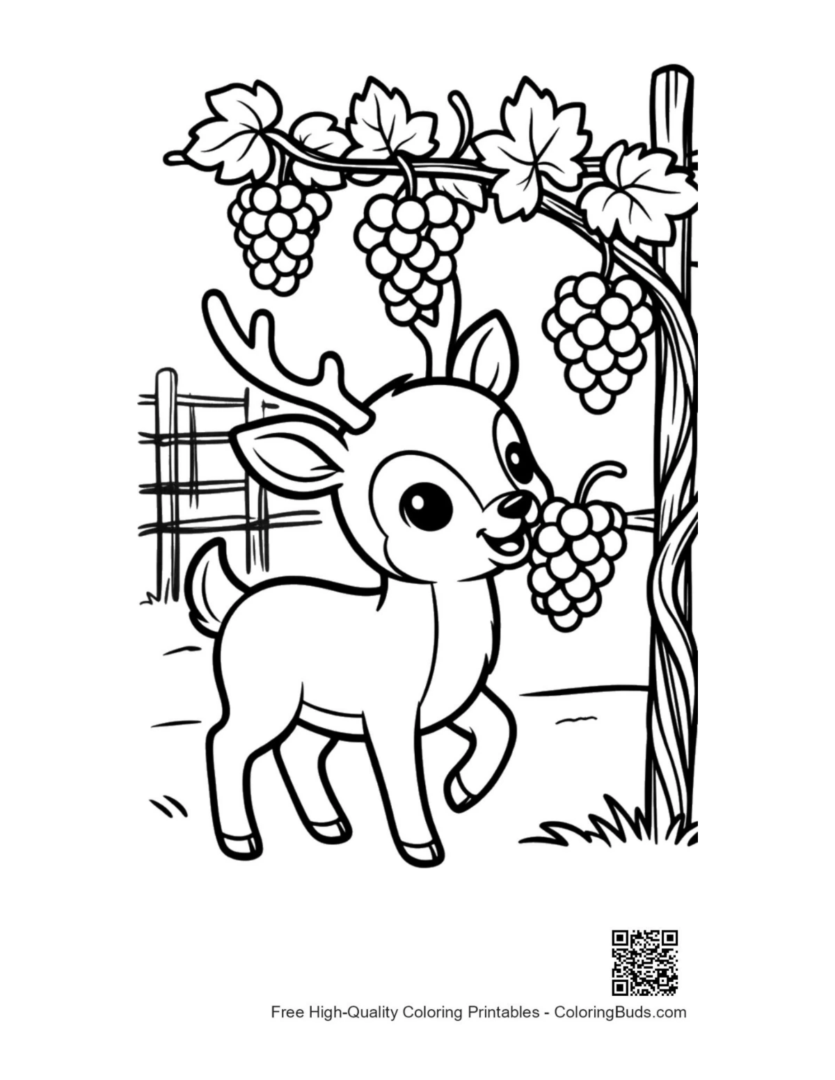 Hungry buck with antlers reaching for grapes printable