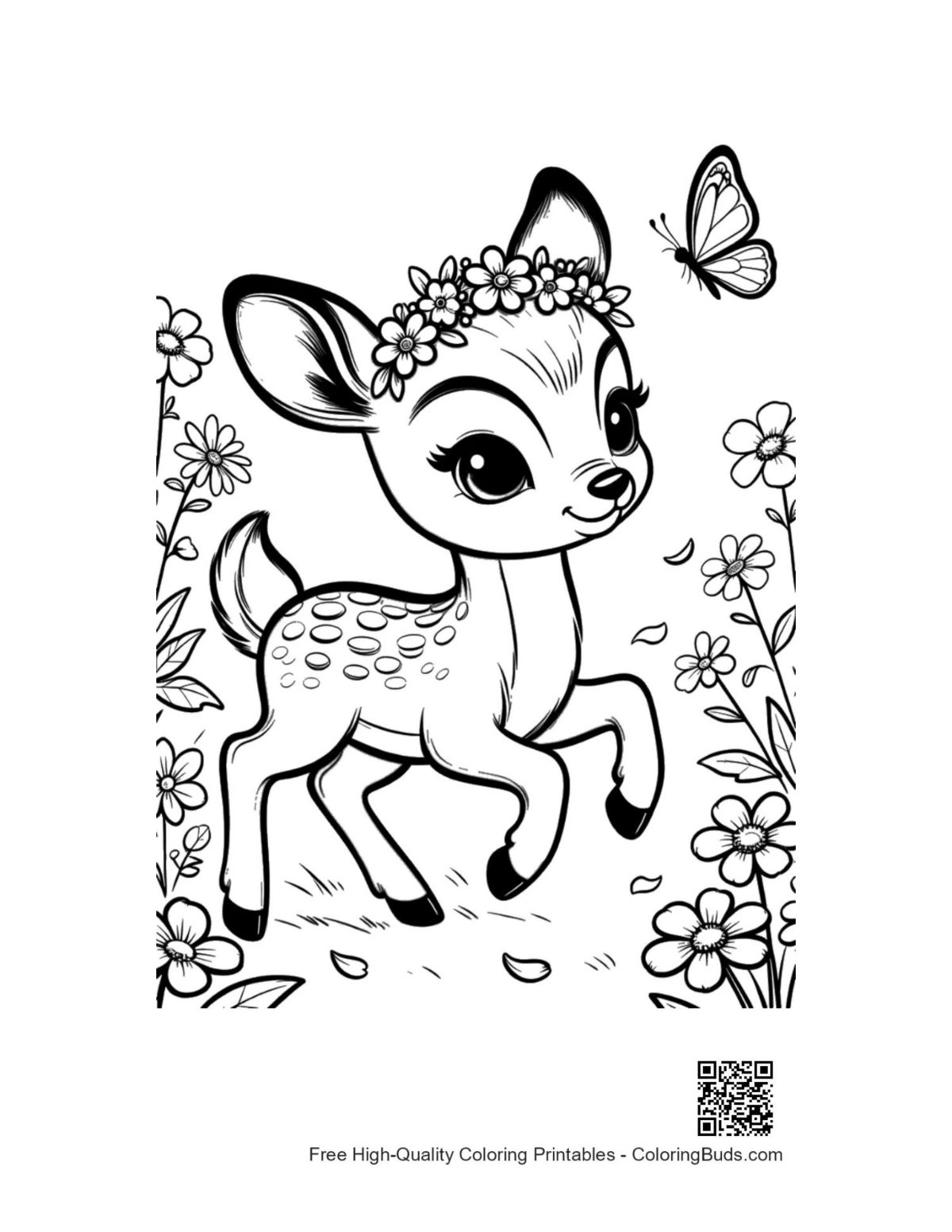 Cute fawn flower crown butterfly printable coloring page