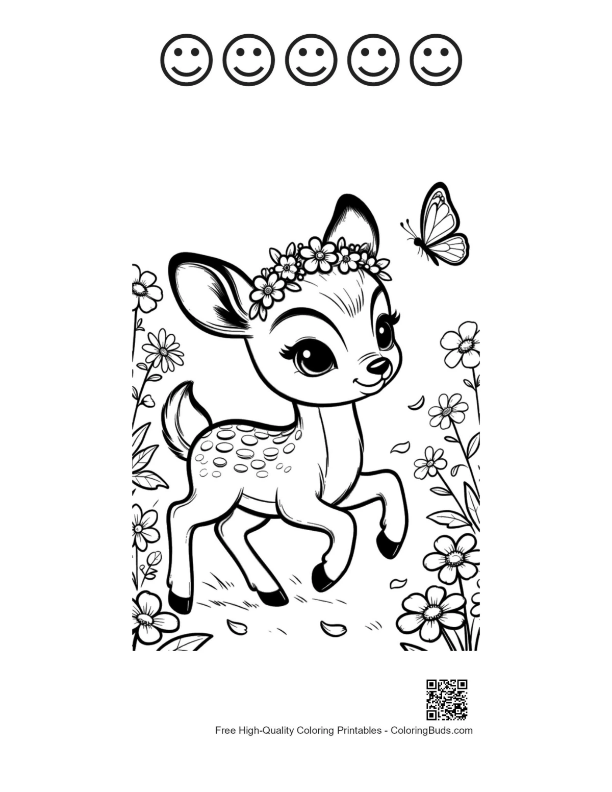 Printable fawn with 5 happy faces outlines coloring