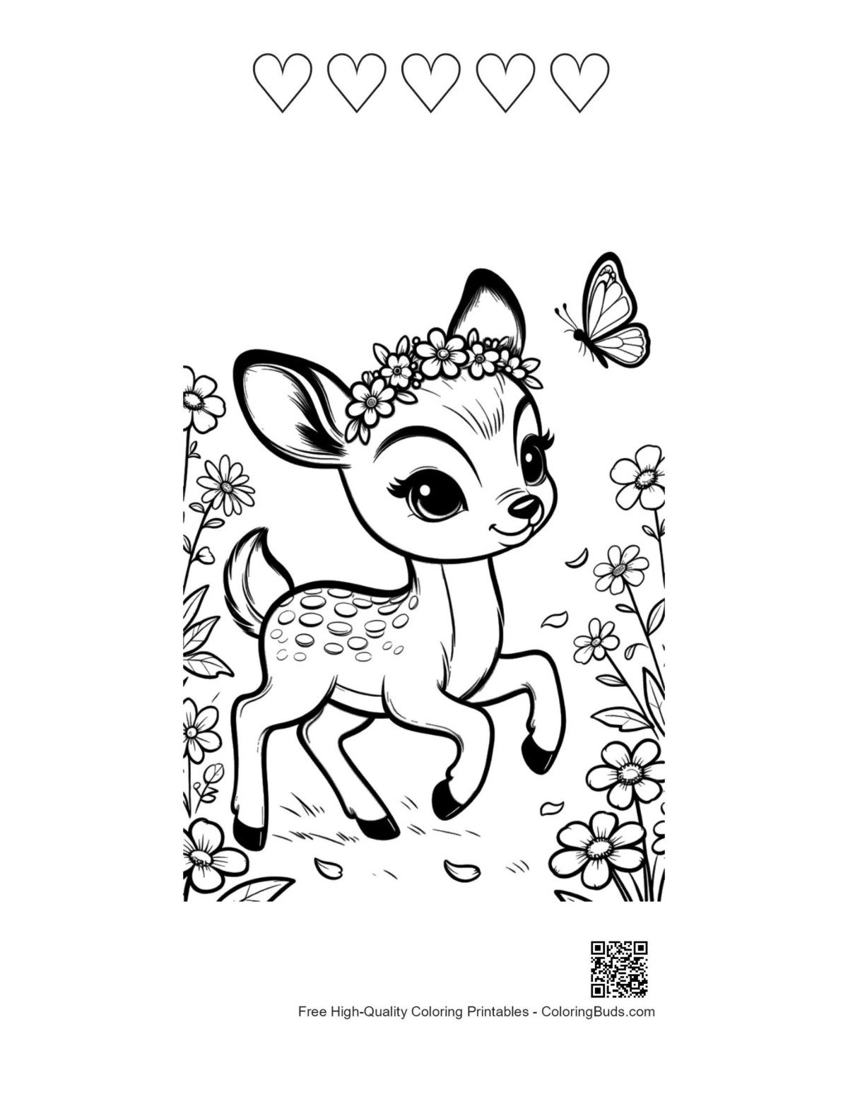 Cute fawn butterfly hearts outlines printable page