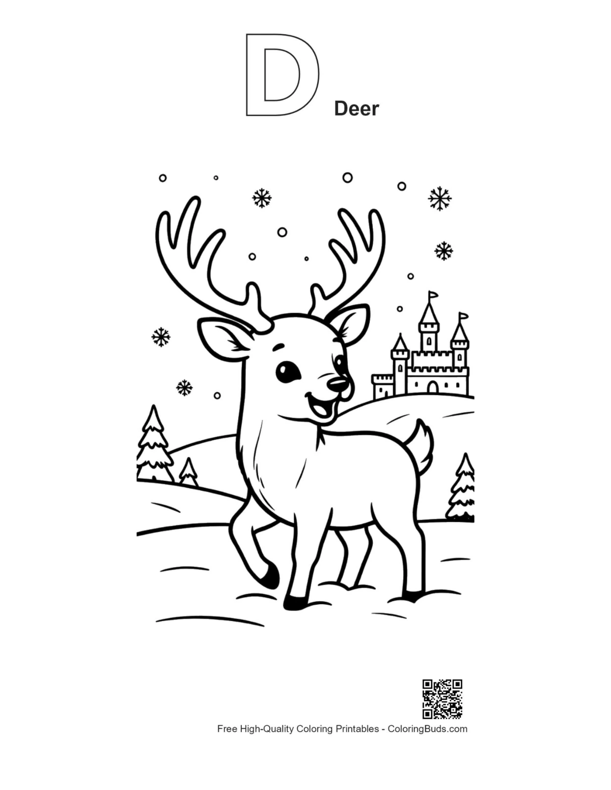 Snowy buck antlers printable with D deer alphabet