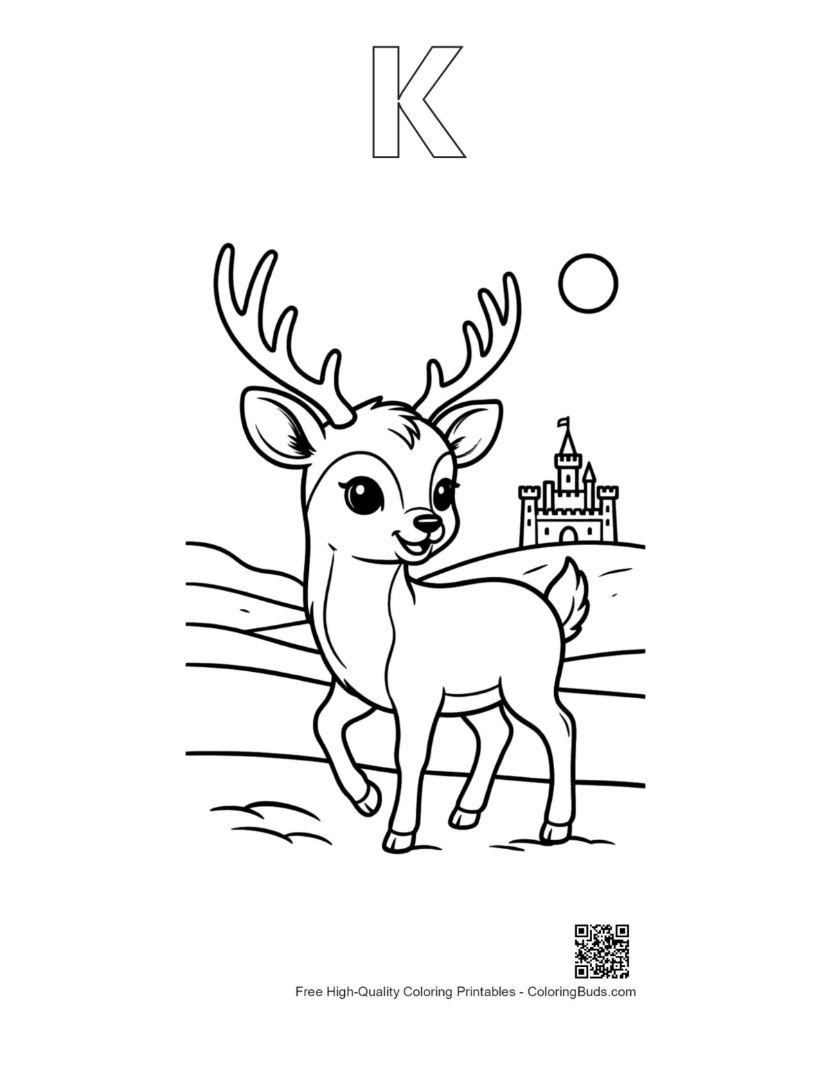 Buck antlers castle outline with alphabet K printable