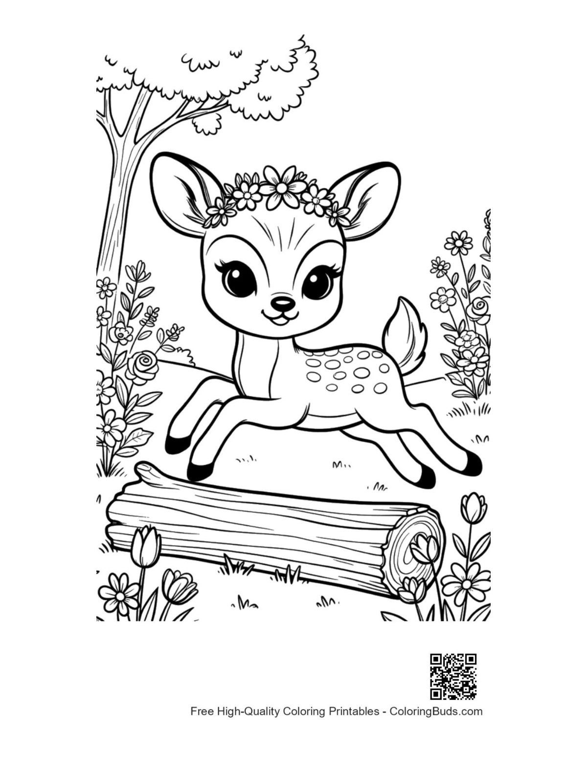 Playful fawn balancing on mossy tree trunk coloring page