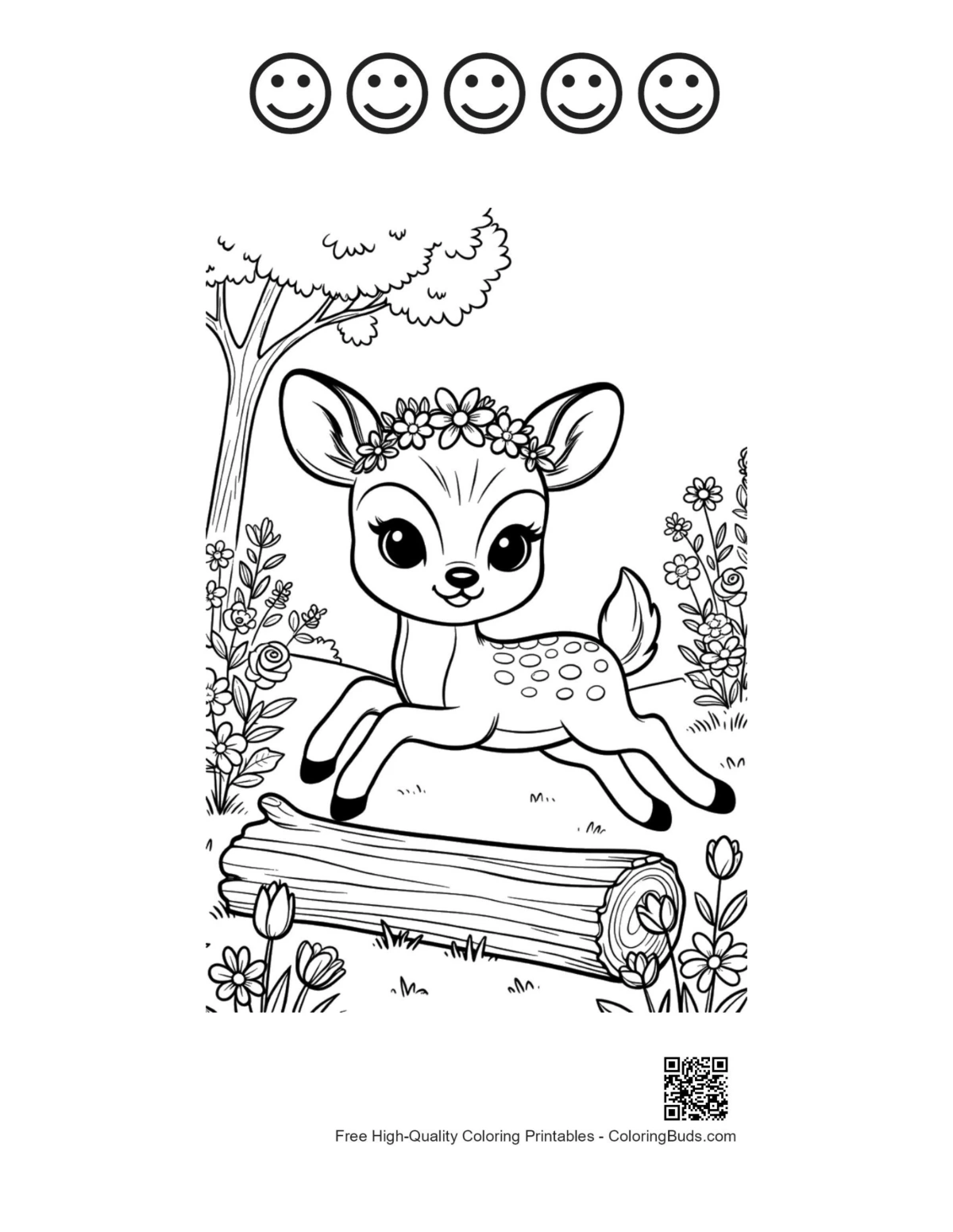 Playful fawn with 5 happy faces outline printable