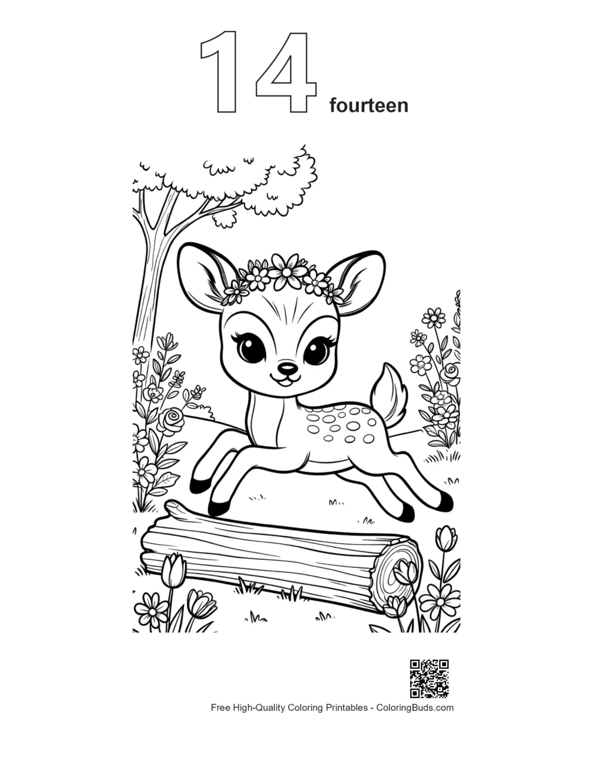 Fawn on mossy trunk outline number 14 coloring page