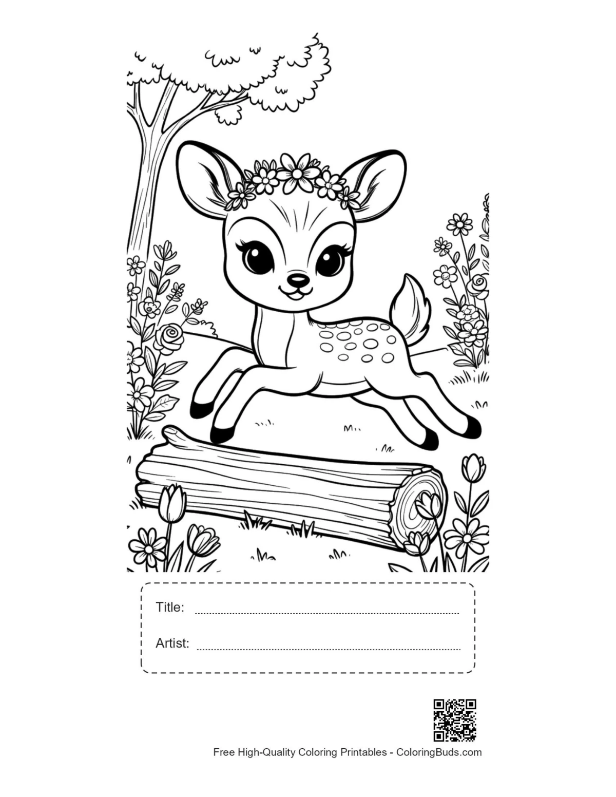 Playful fawn printable with title artist box