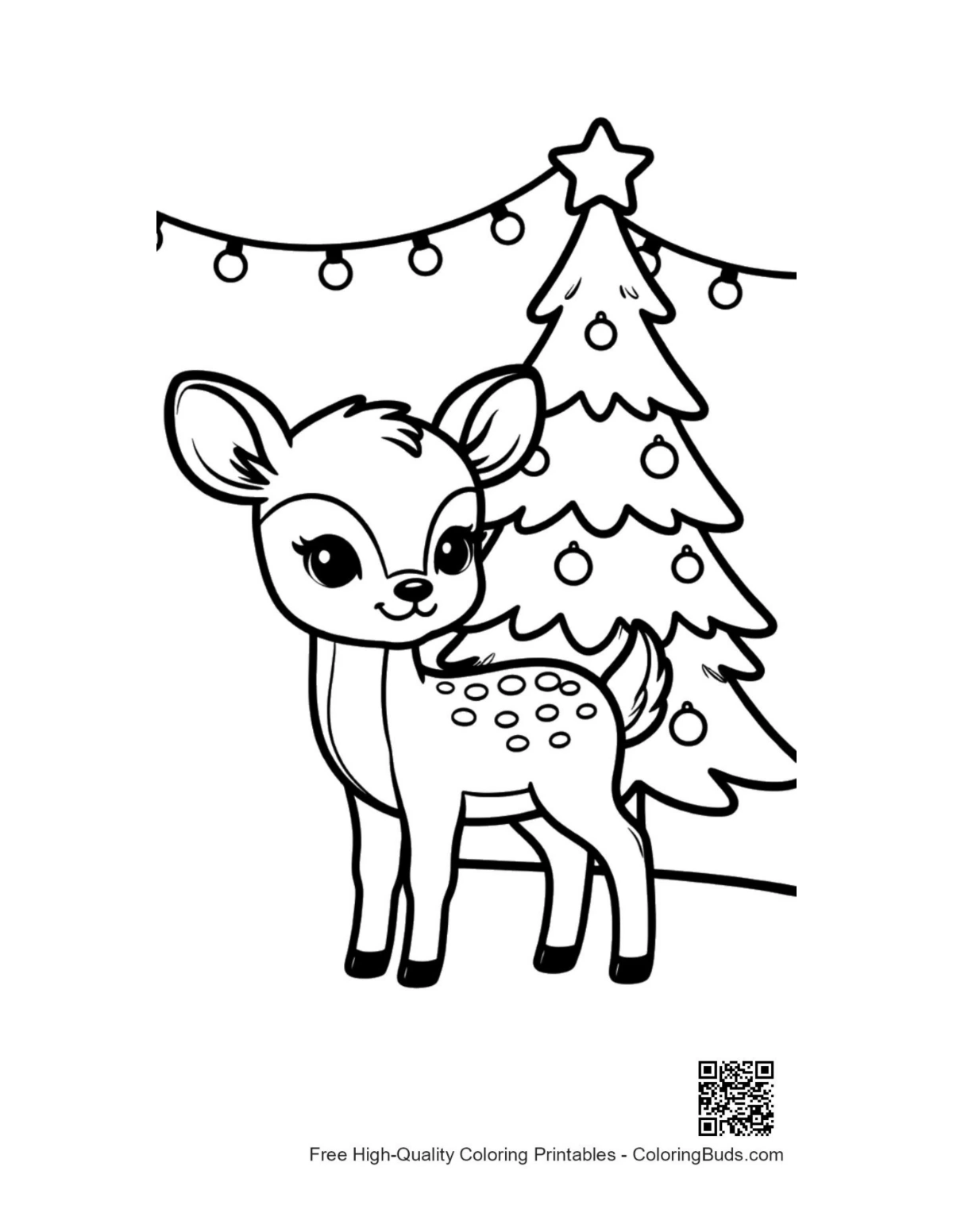 Sweet fawn by winter holiday tree Fawn coloring page
