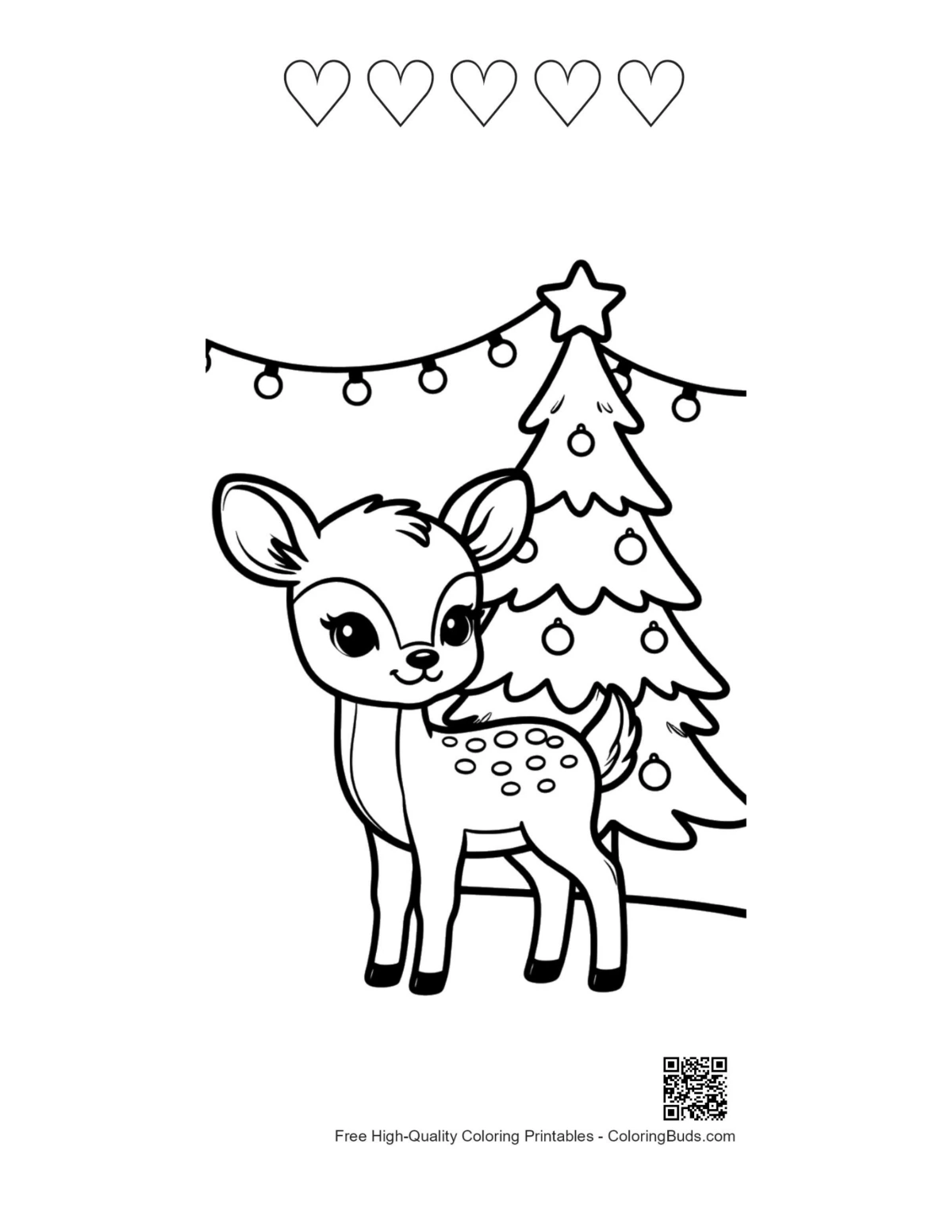 Sweet fawn tree printable featuring 5 heart outlines