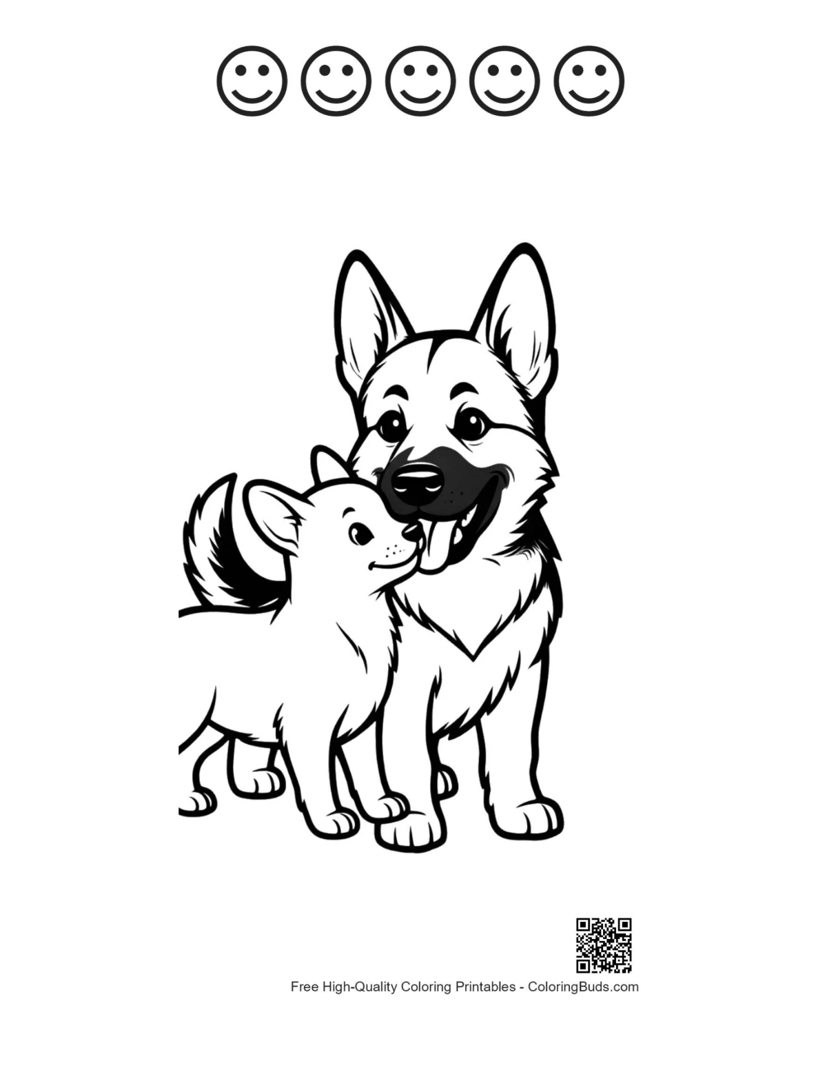 German Shepherd cuddle 5 happy faces outline