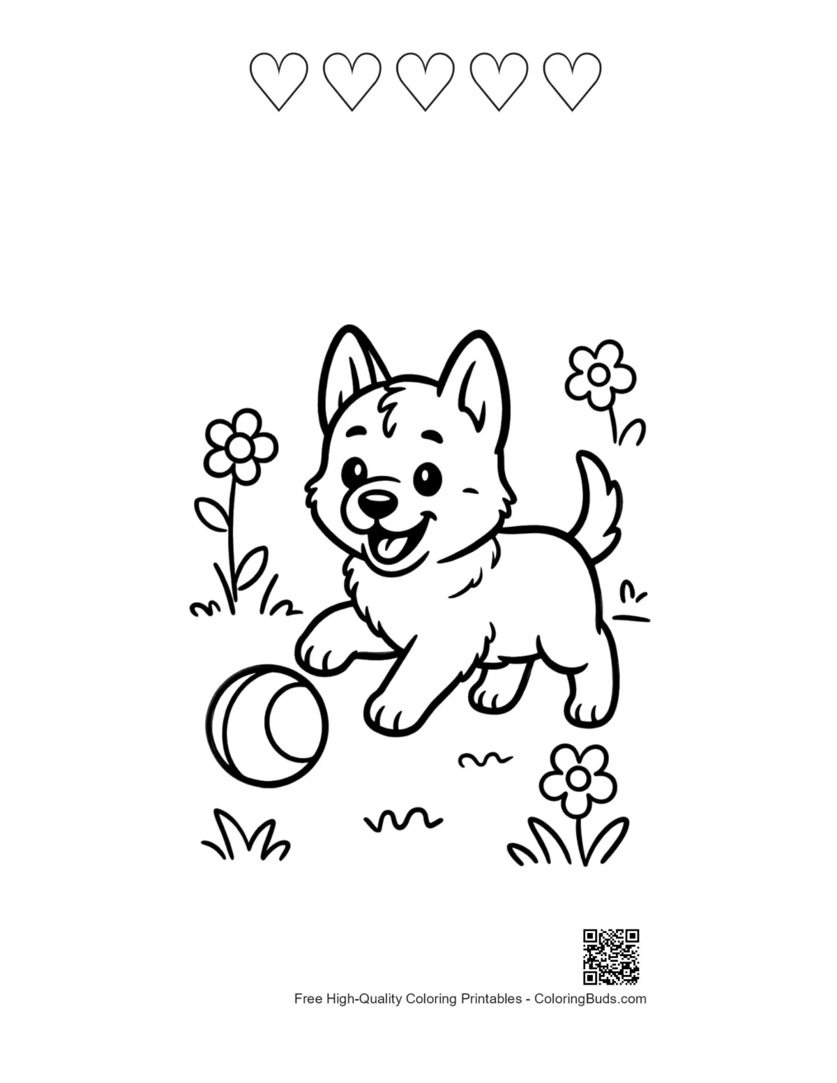 Becie dog coloring printable with 5 heart outlines