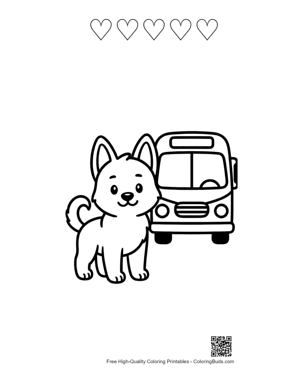 Becie dog and 5 hearts outline printable sheet