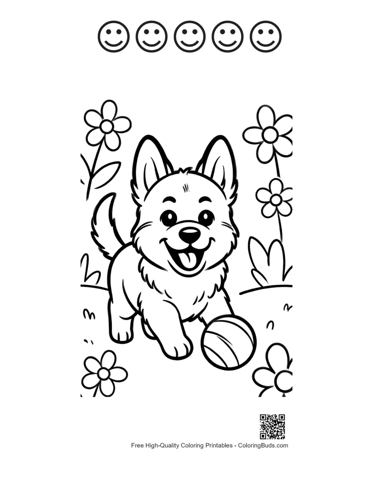 Becgie puppy school bus page with 5 happy face outlines