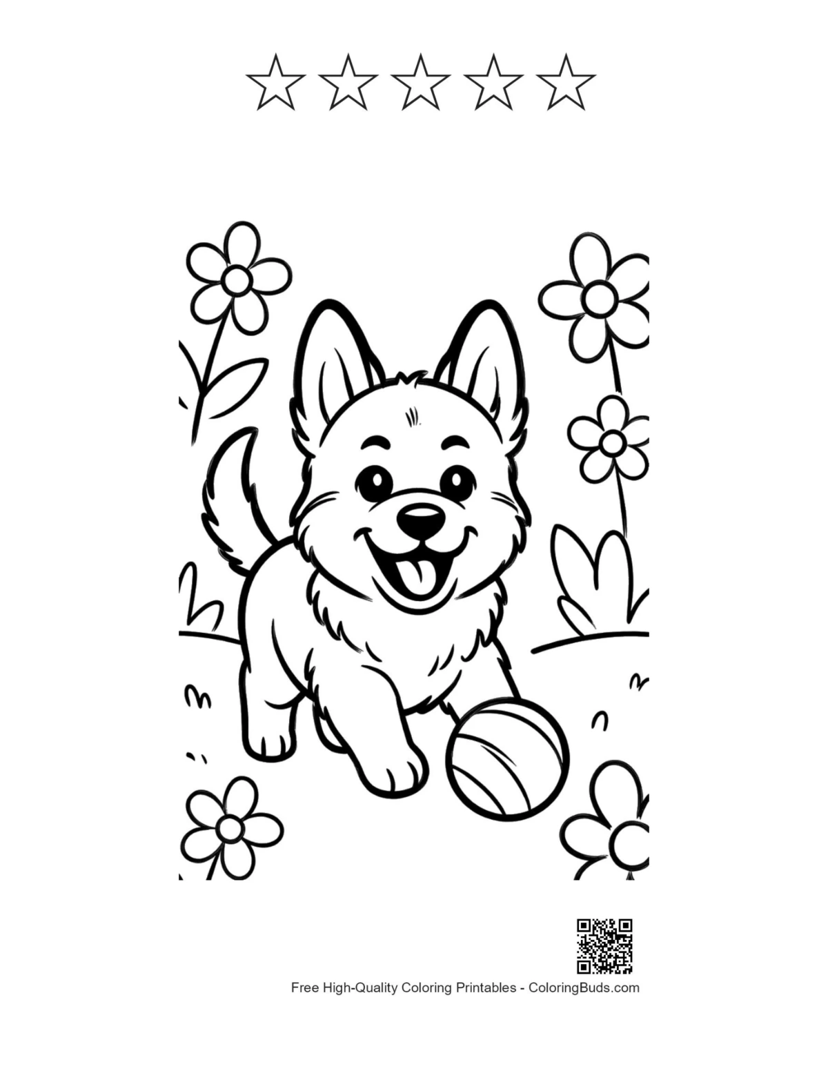 Becgie puppy school bus coloring page with 5 star outlines