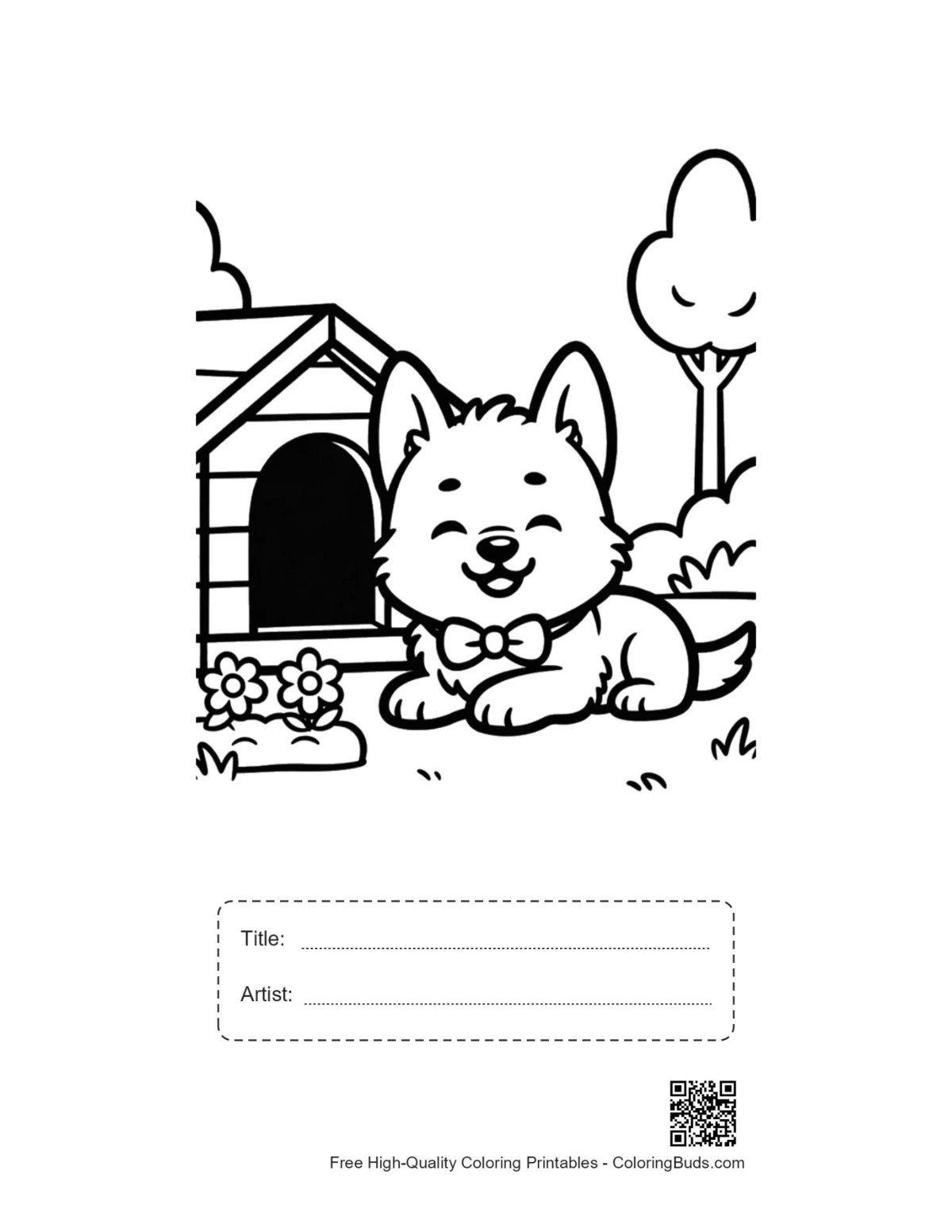 Becgie puppy coloring page with title artist box