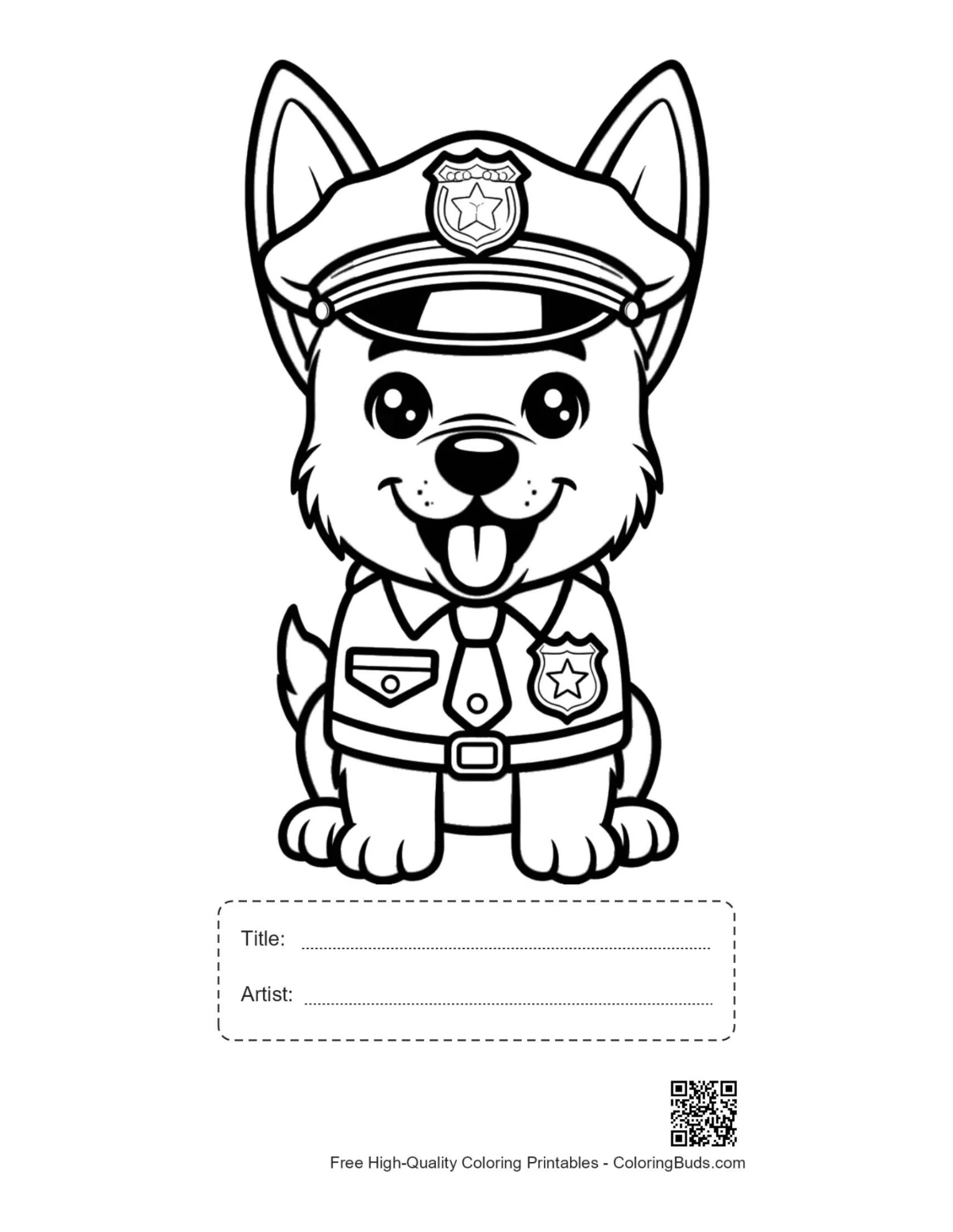 Printable Becgie coloring sheet with title and artist signature box