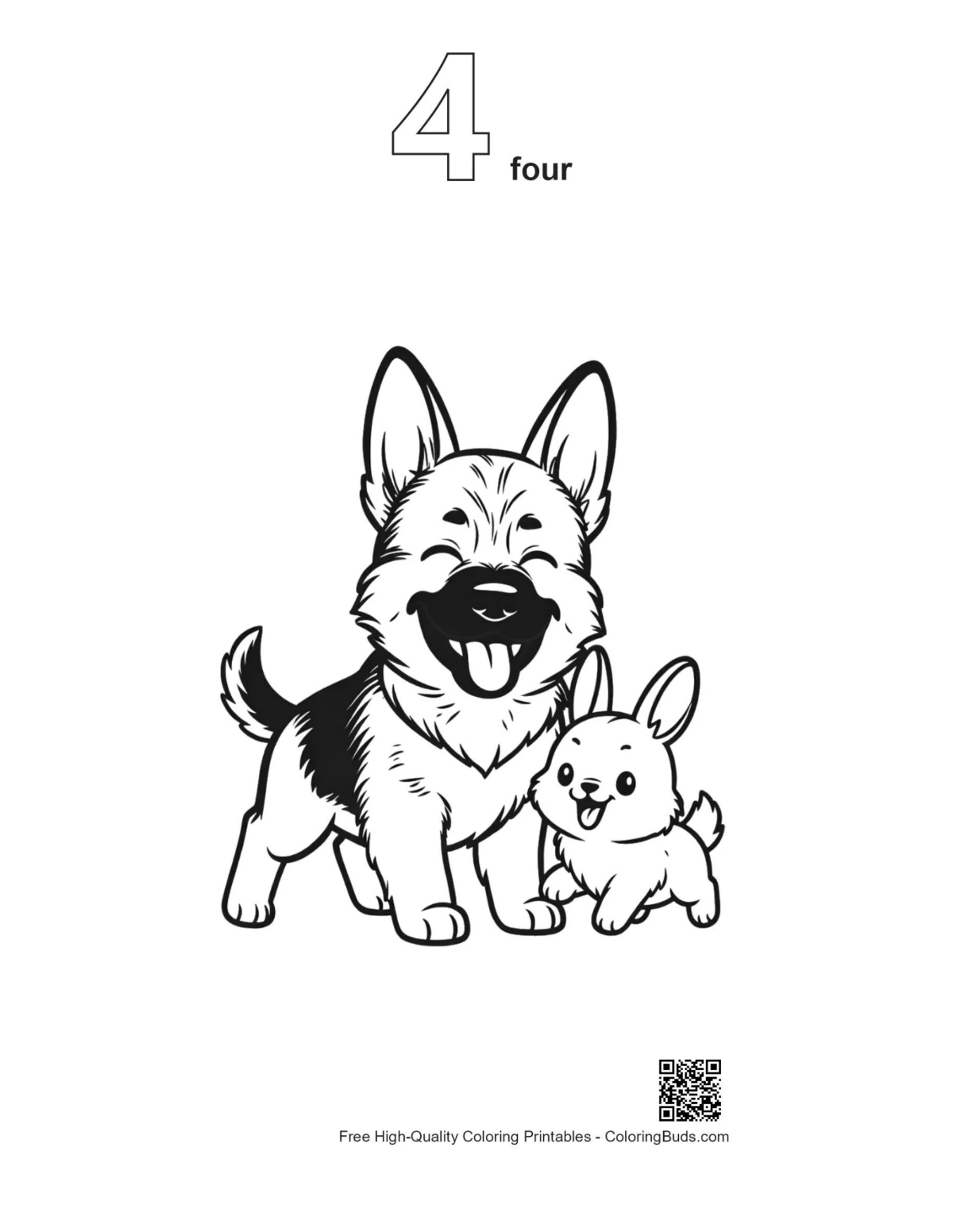 Number 4 outline of German Shepherd puppy with bunny