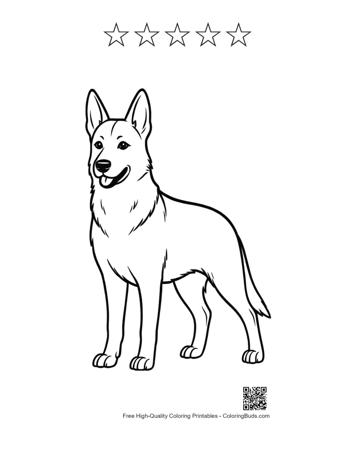Cheerful German Shepherd with 5-star outline