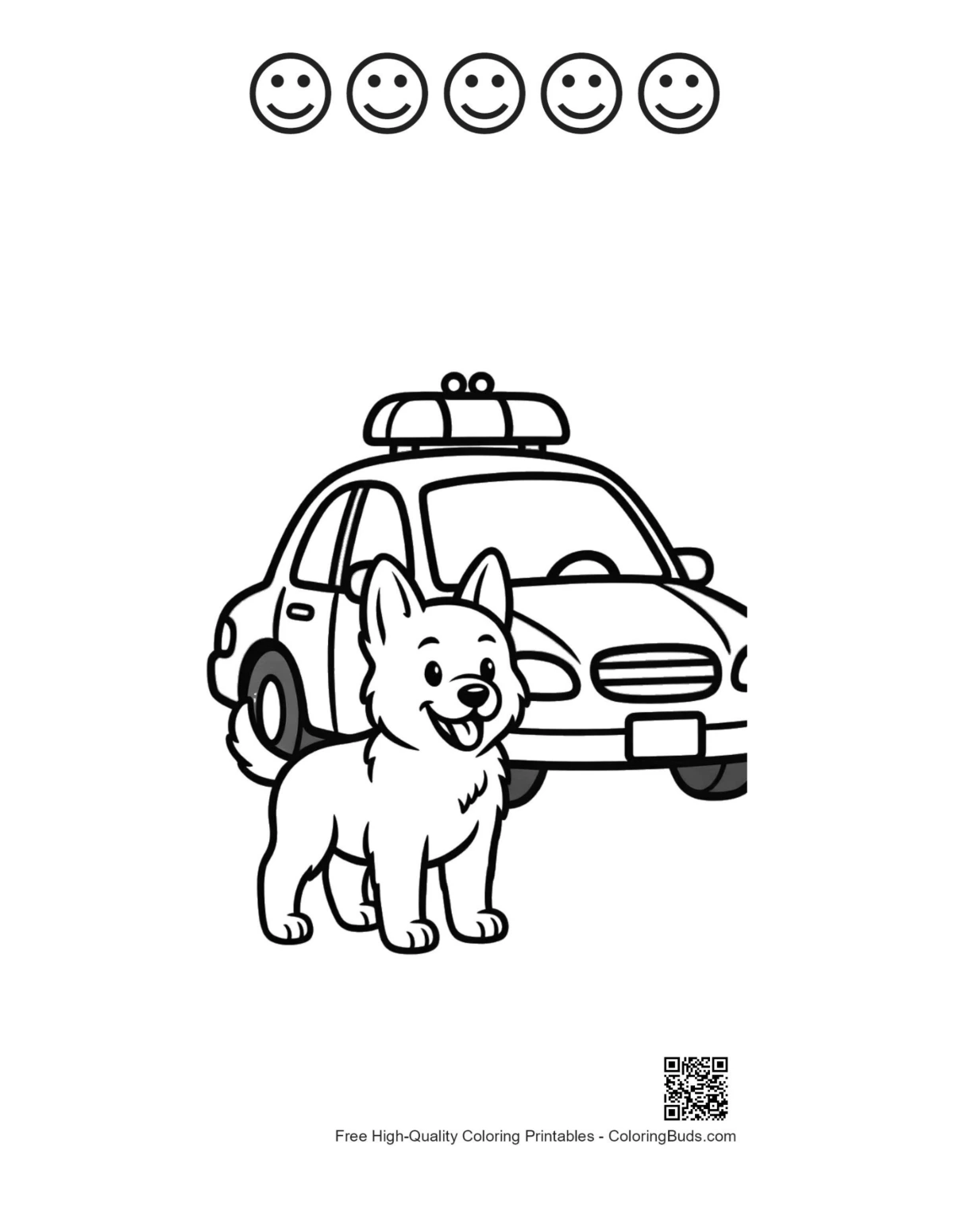 Becgie dog coloring sheet with 5 happy faces printable