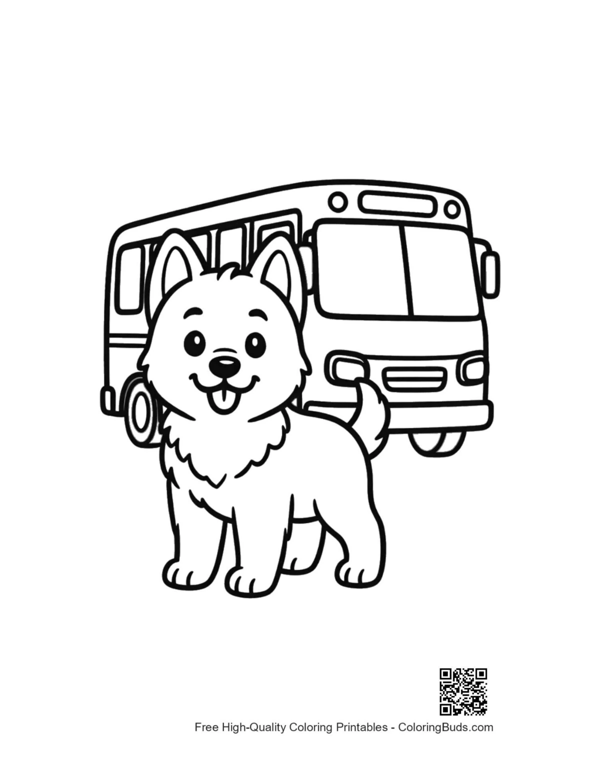 Friendly Becgie puppy at bus stop coloring printable